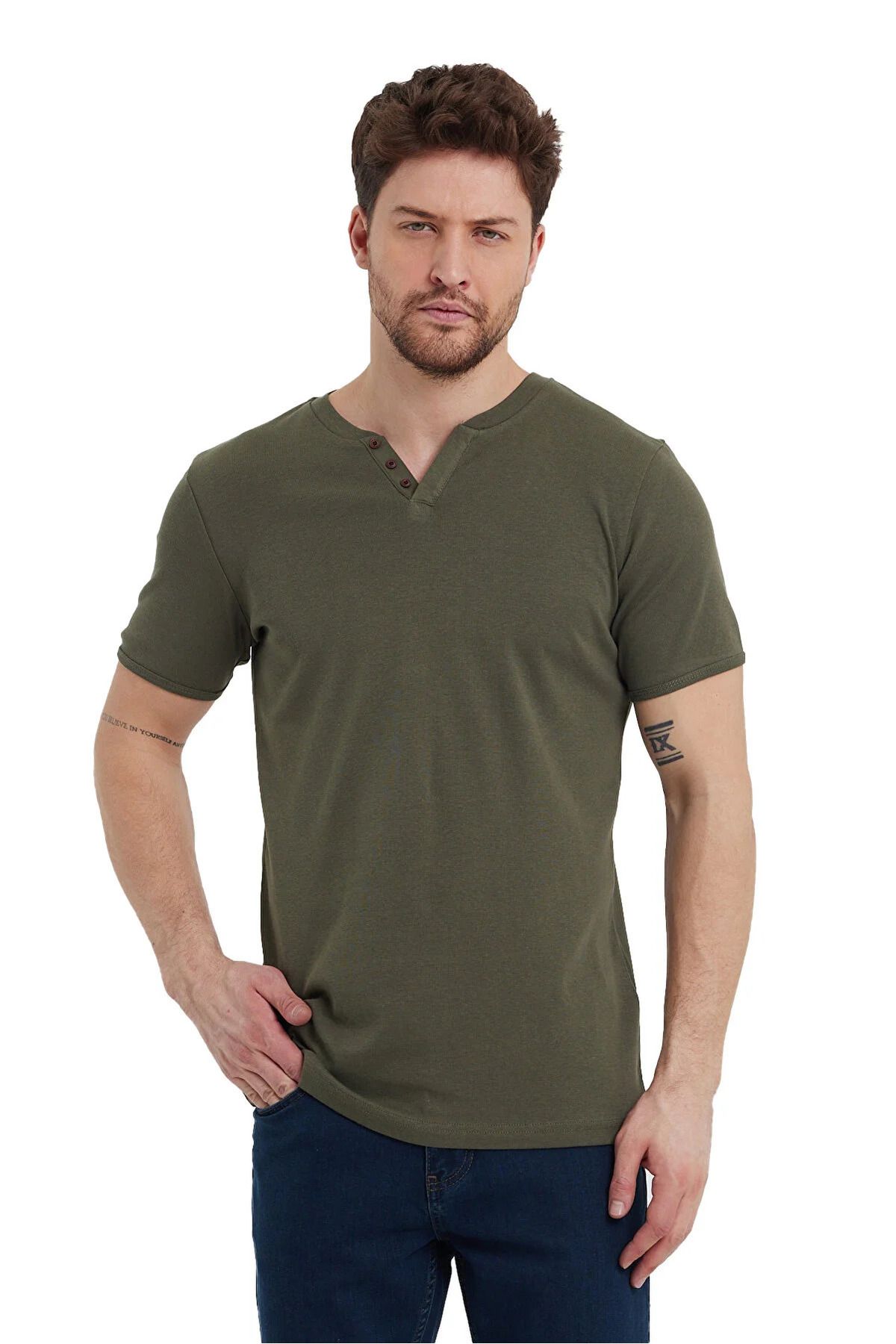 Rodi Jeans-Men's Comfortable Fit Placket Buttoned Lycra V-Neck Cotton T-Shirt 1