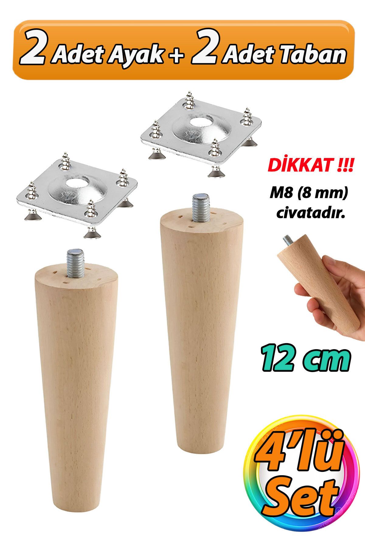 GLASWEN Ahşap Ayak 12 Cm 4'lü Set M8 Civatalı Bağlantı Aparatlı Dolap Mobilya Koltuk Kanepe Destek Ayağı