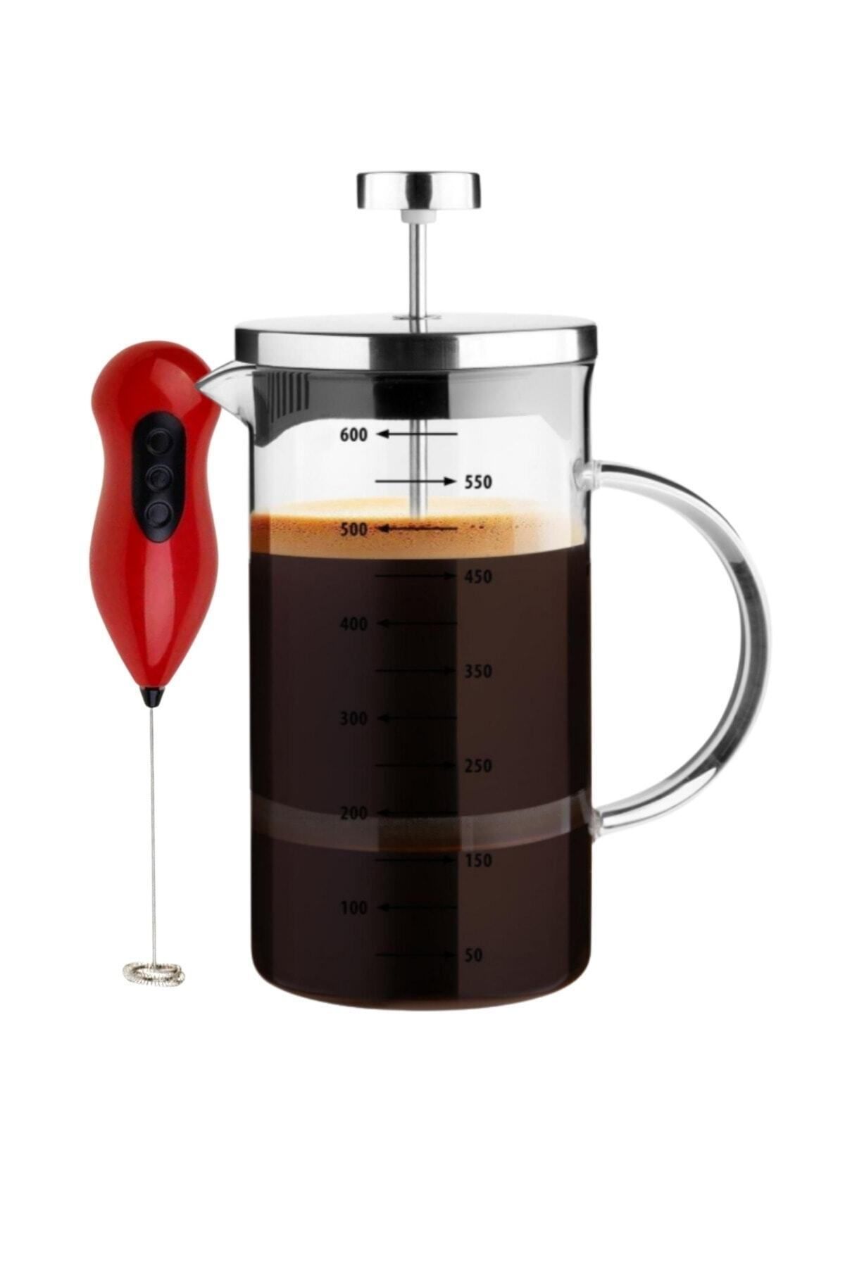 Moryan French Press Demlik Ölçü Kabı 3in1 Ürün Borosilikat Cam Frenchpress 300ml Ve Süt Kahve Köpürtücü