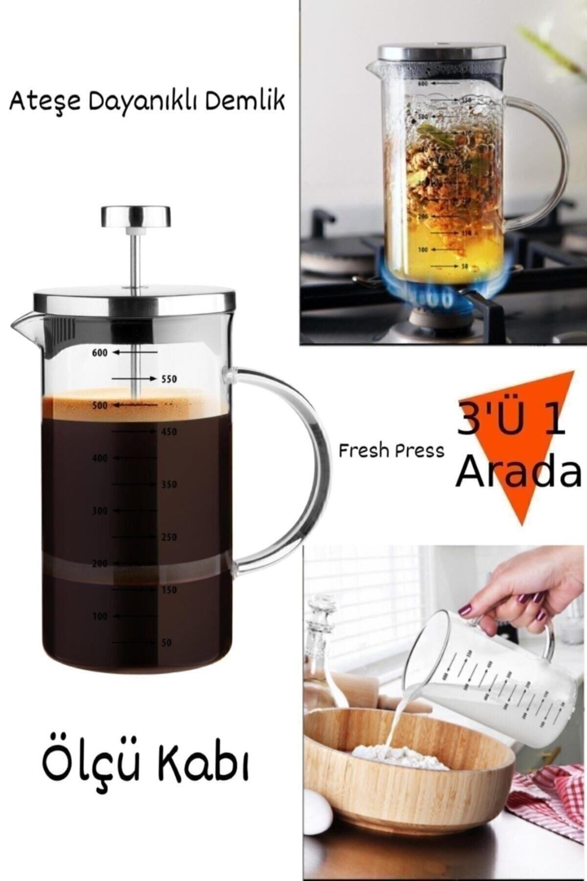 Moryan French Press Demlik Ölçü Kabı 3in1 Ürün Borosilikat Cam Frenchpress 300ml