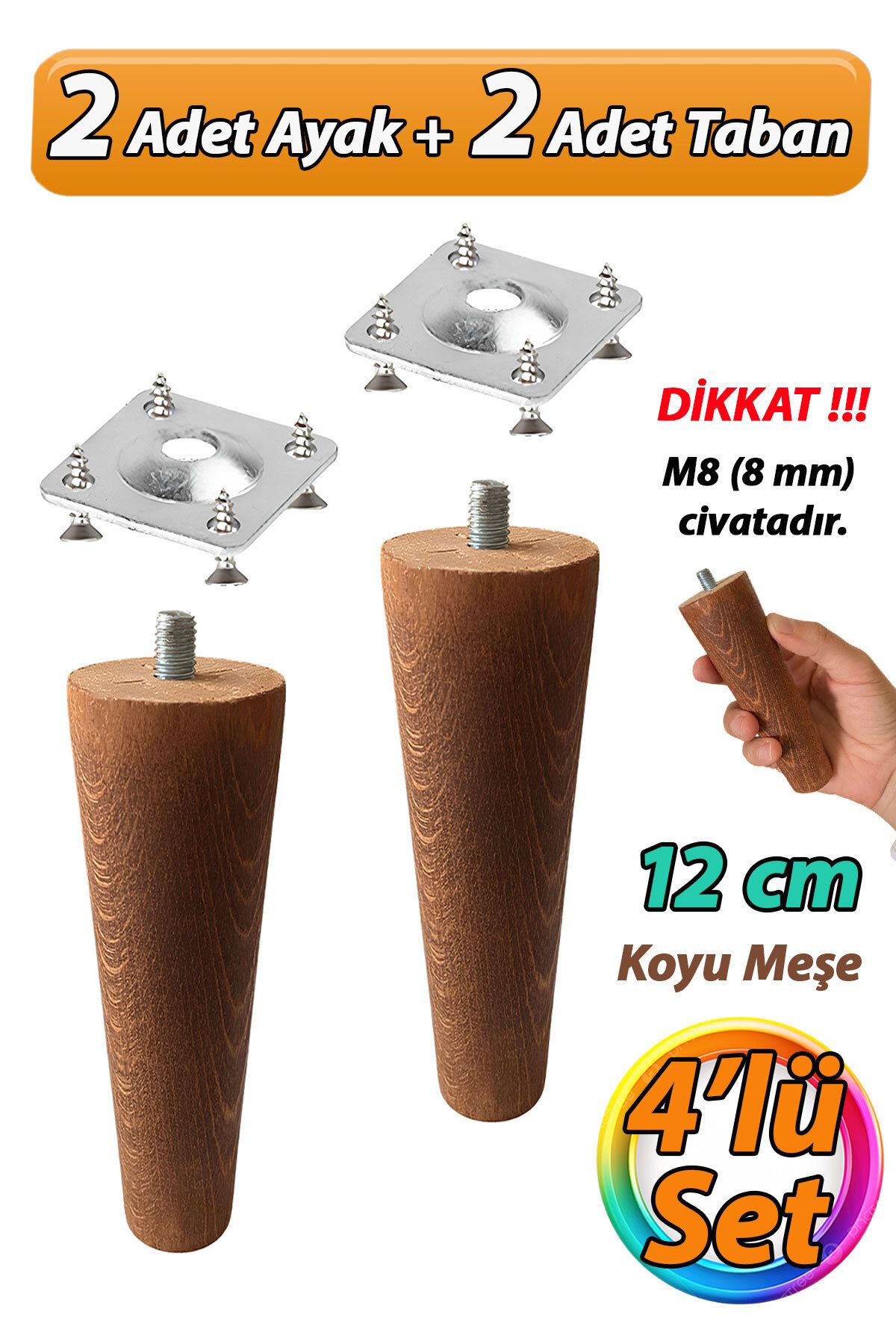 GLASWEN Ahşap Ayak 12 Cm 4'lü Set Koyu Meşe M8 Civatalı Bağlantı Aparatlı Dolap Mobilya Koltuk Kanepe Destek