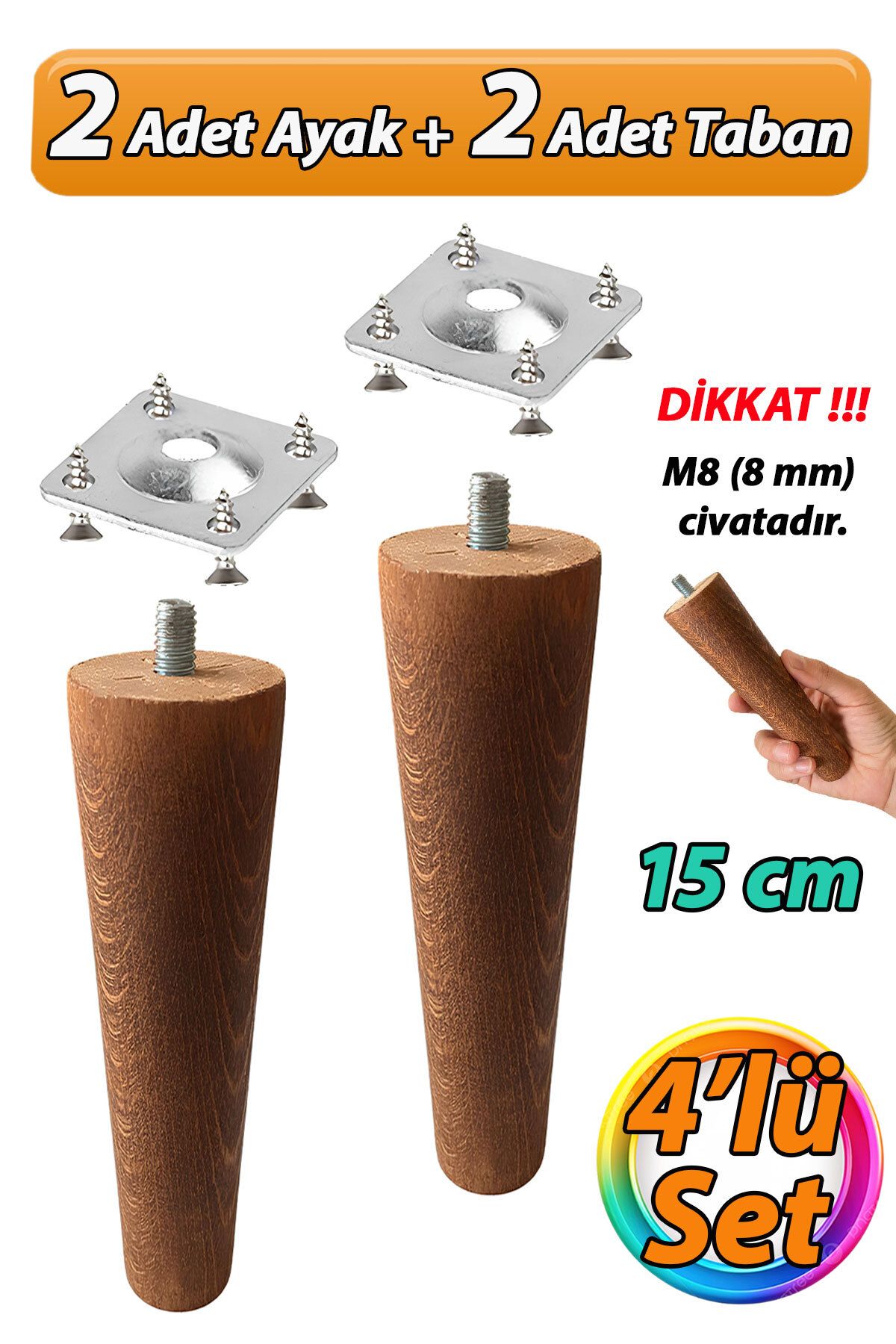 GLASWEN Ahşap Ayak 15 Cm 4'lü Set Koyu Meşe M8 Civatalı Bağlantı Aparatlı Dolap Mobilya Koltuk Kanepe Destek