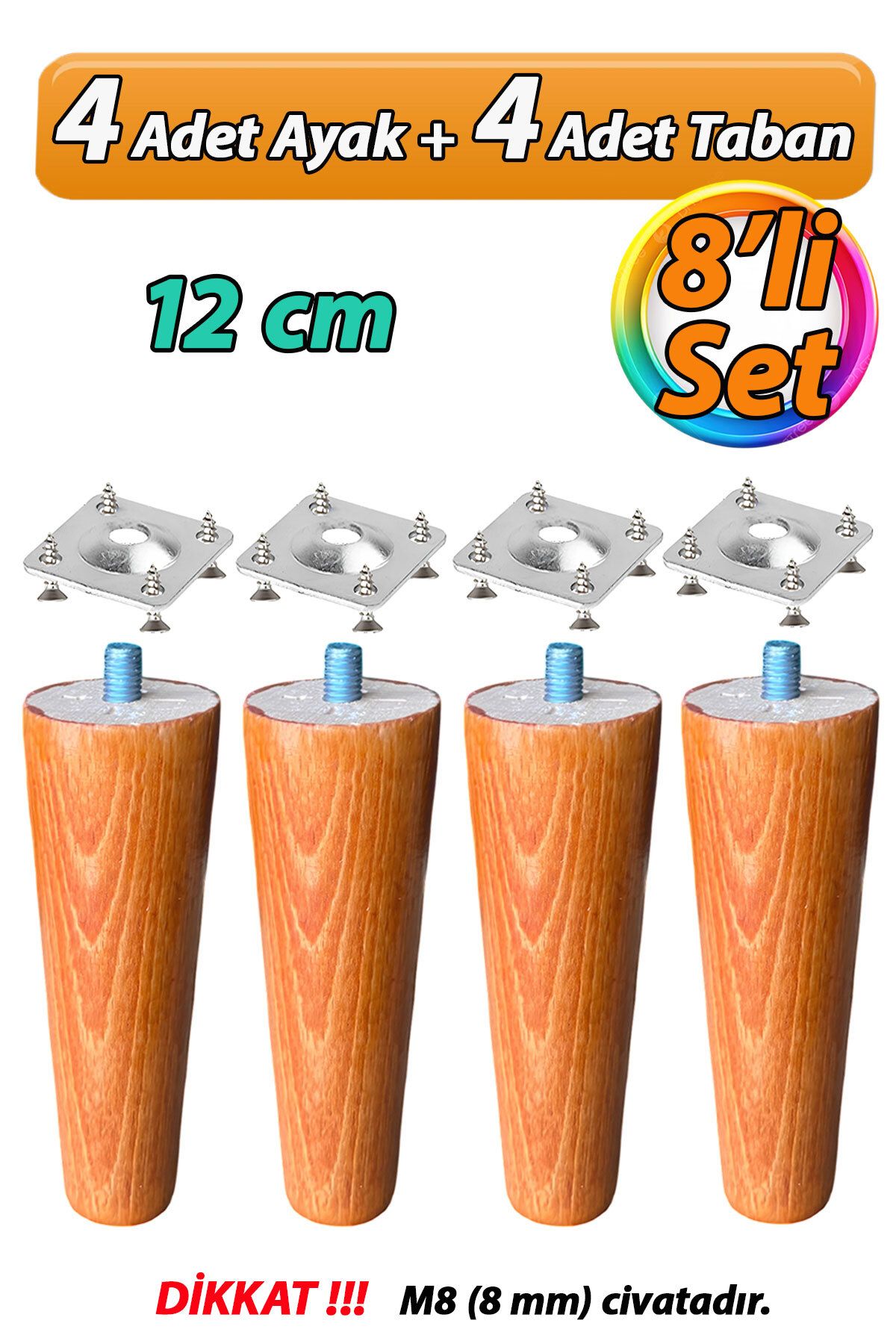 GLASWEN Ahşap Ayak 12 Cm 8'li Set Açık Meşe M8 Civatalı Bağlantı Aparatlı Dolap Mobilya Koltuk Kanepe Destek