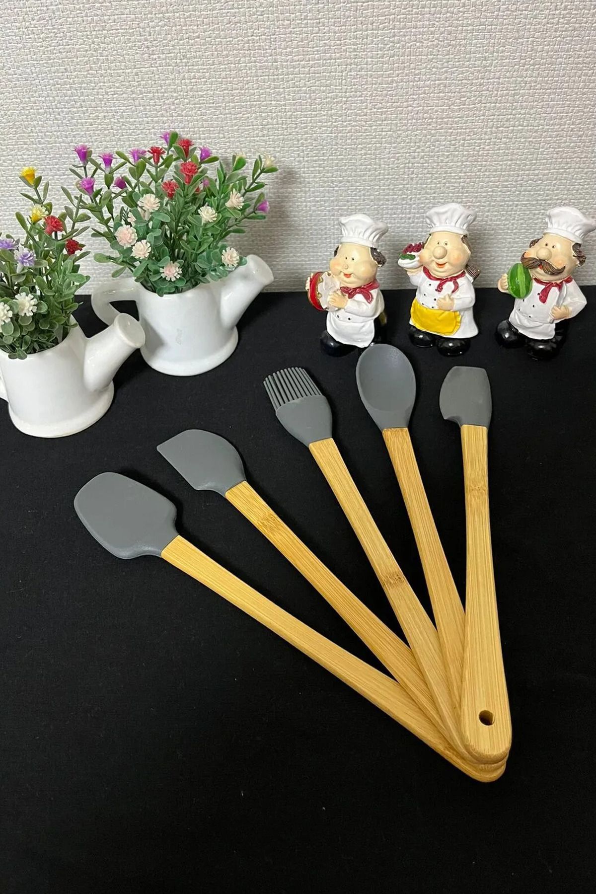 Moryan 5 Parça Bambu Saplı Mini Silikon Spatula,Kaşık,Fırça Seti- Yüksek Kalite Silikon Set-BPA Free