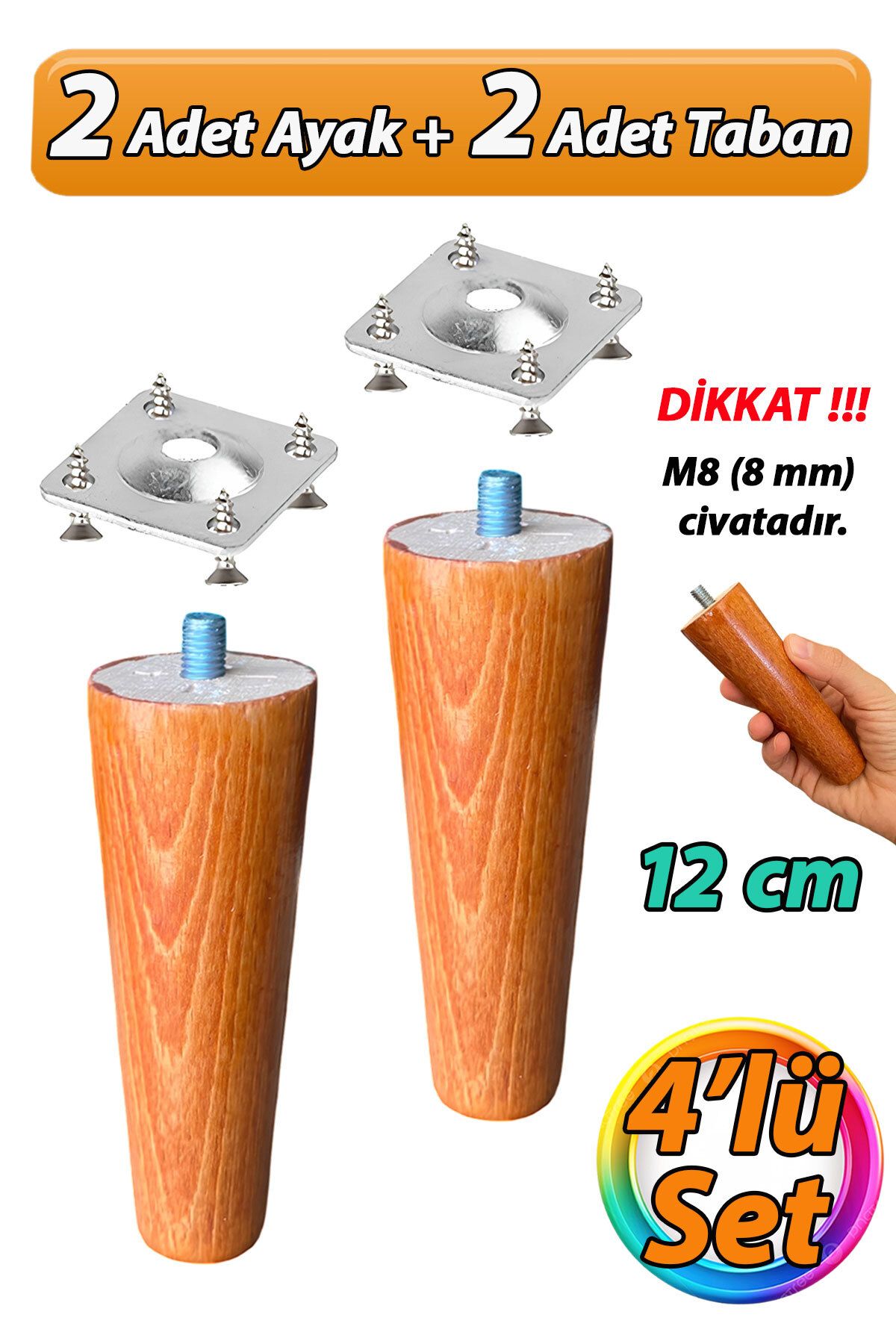 GLASWEN Ahşap Ayak 12 Cm 4'lü Set Açık Meşe M8 Civatalı Bağlantı Aparatlı Dolap Mobilya Koltuk Kanepe Destek