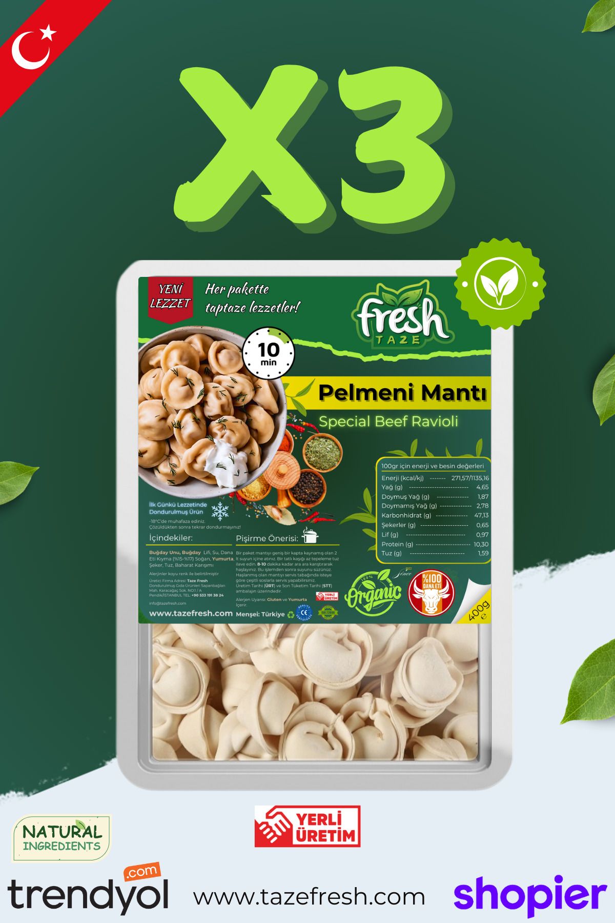 MANTI El Yapımı - Katkısız, Dondurulmuş, Fırınlanmış 1.2kg ( 3X 400G )