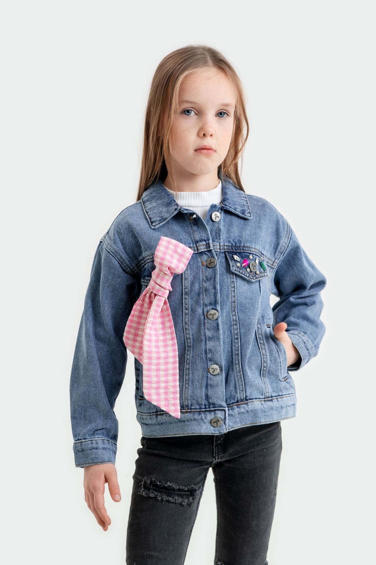 GİYİCEM TEKSTİL-Stone Detailed Scarf Denim Jacket for Girls - 1531 2