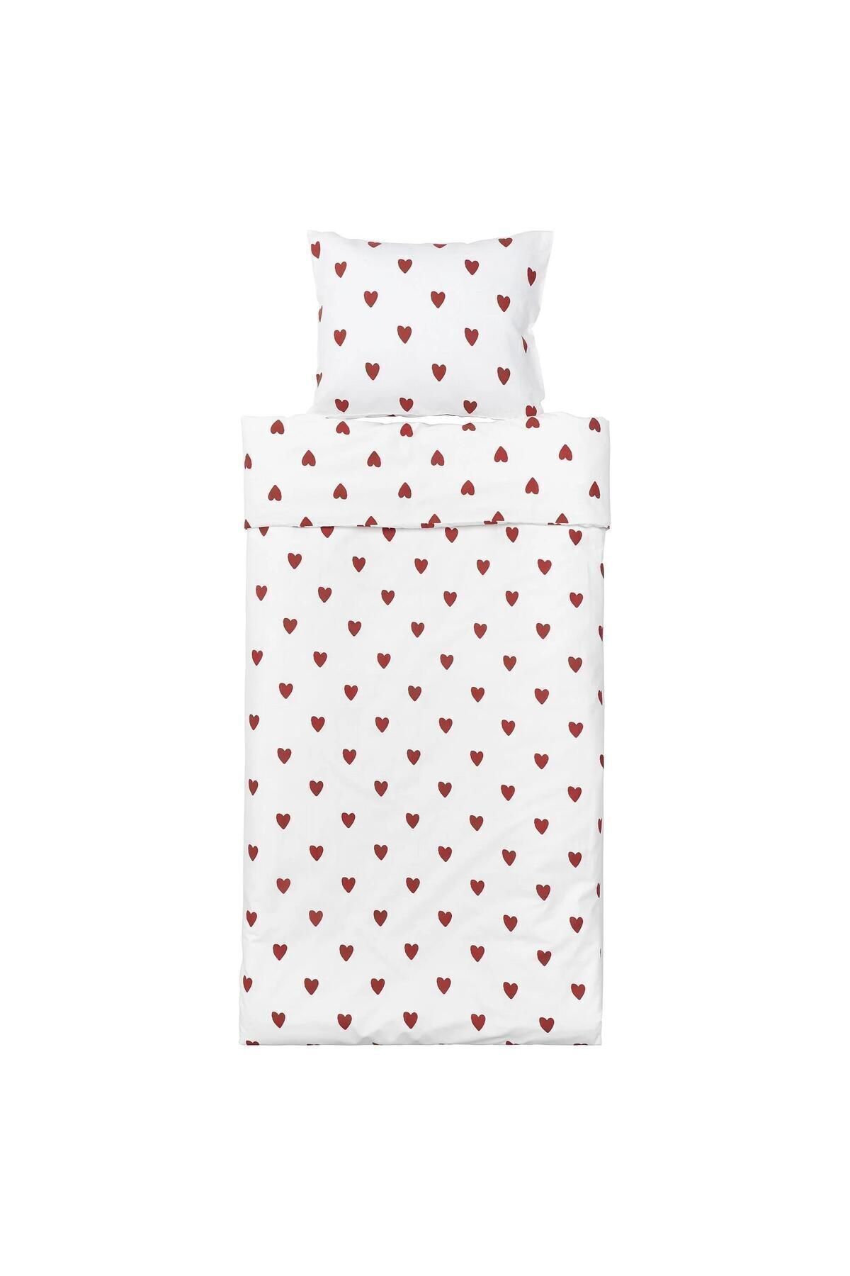 IKEA-Single Duvet Cover Set Heart Red-White 150X200/50X60 cm 100% Cotton 2