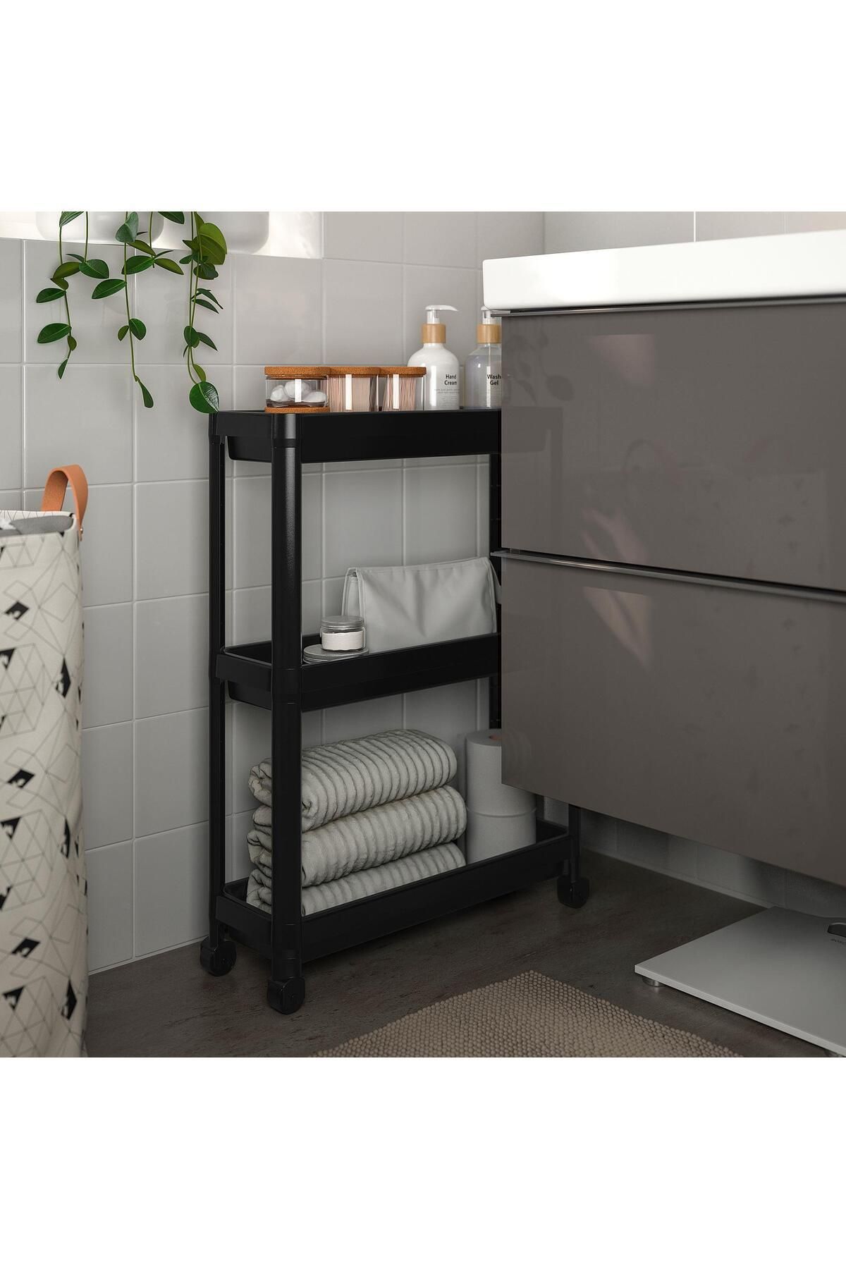 IKEA-طاولة تقديم باللون الأسود مقاس 54 × 18 × 71 سم منظم للمطبخ والحمام 3 طبقات مع عجلات 3