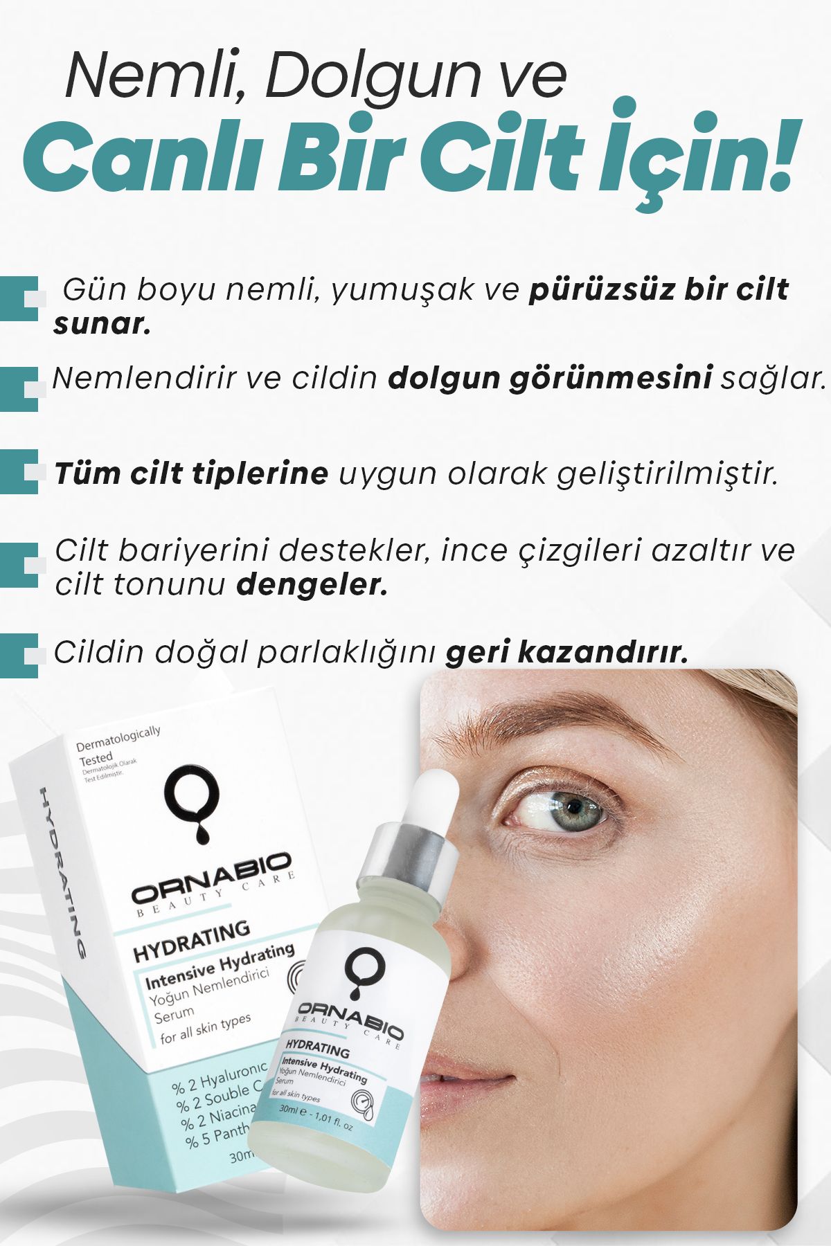 سرم مرطوب کننده و حجیم کننده (هیالورونیک اسید کلاژن نیاسینامید پانتنول) 30 میلی لیتر ornabio organik natural biyolojik