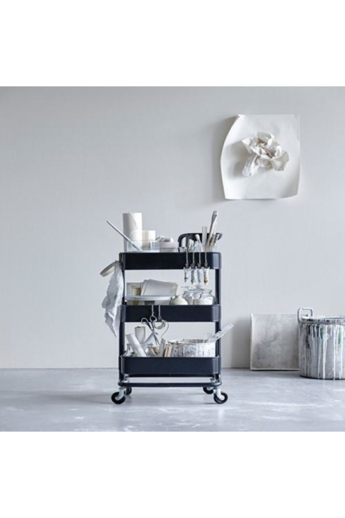 IKEA-Ikea Bathroom Organizer - 35X45X78 cm Rack Unit with Casters, Service Trolley Çelik-Black 8