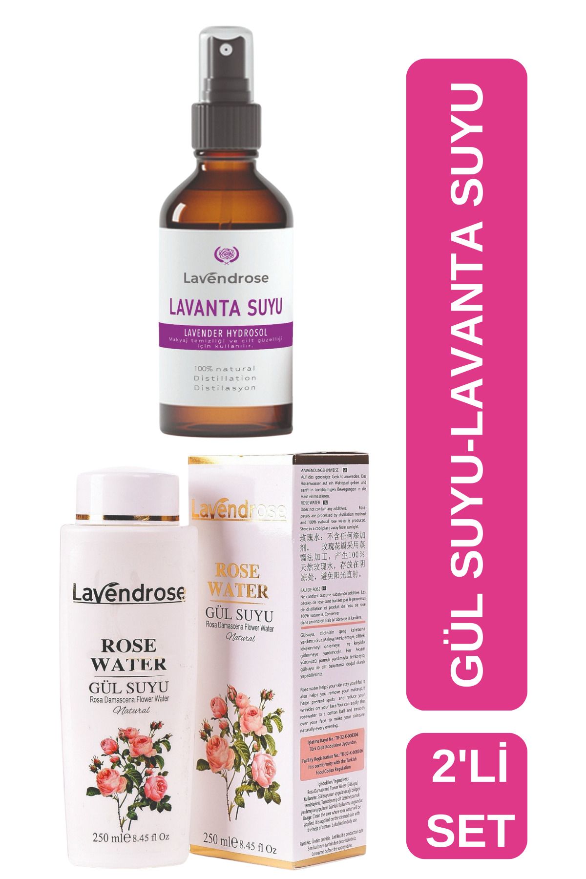 Lavendrose %100 Saf Ve Doğal Gül Suyu 250 ml + Lavanta Suyu 100 ml Cam Şişe Avantajlı Set