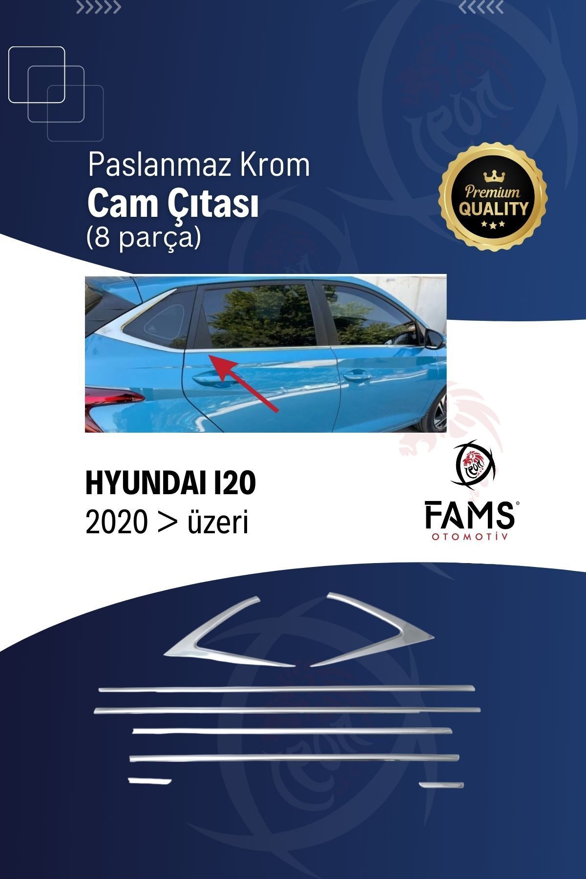 FAMS OTO AKSESUAR Hyundai I20 Krom Cam Çıtası 8 Prç. 2020 Ve Üzeri Paslanmaz Çelik