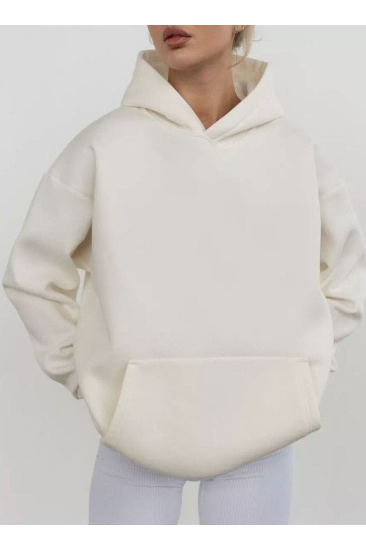 JustBS-Women's Kangaroo with Pocket Winter Sharton Without Print Casual White Sweatshirt 1