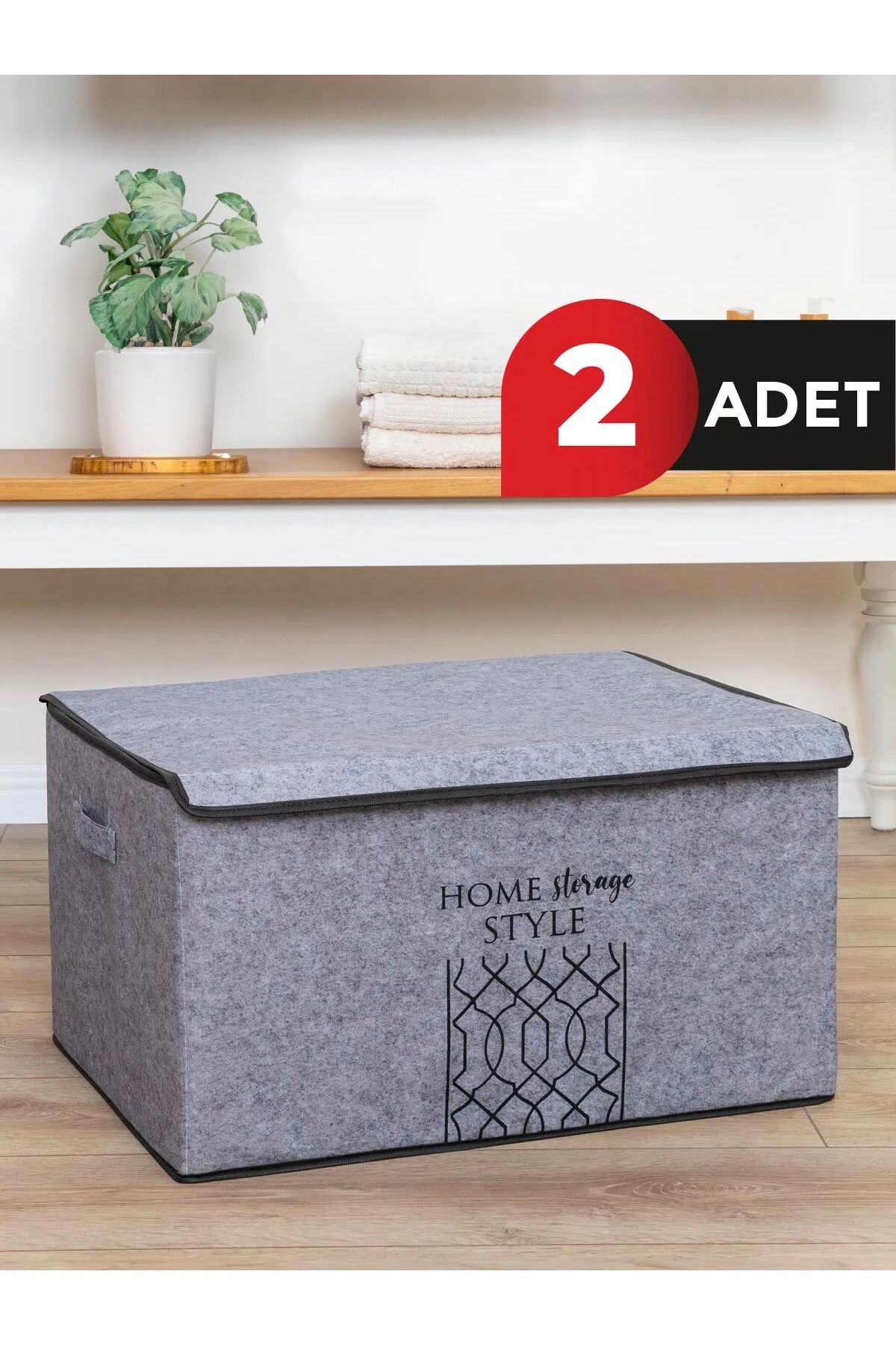 teknotrust Gri Keçe Kapaklı Mega Plus Kutu, 57x41x31 cm, 2 adet, şık ve kullanışlı depolama çözümü