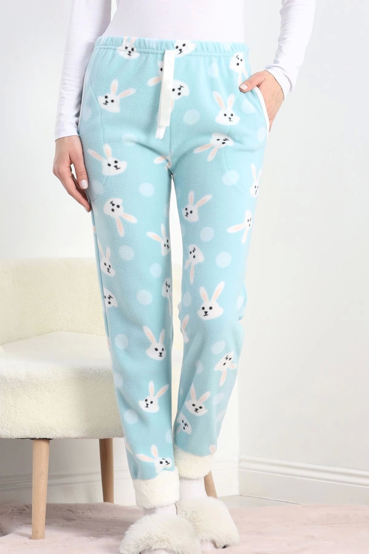 SaklıModa Paçası Peluşlu Polar Cepli Pijama Altı Mint - 20581.1287.