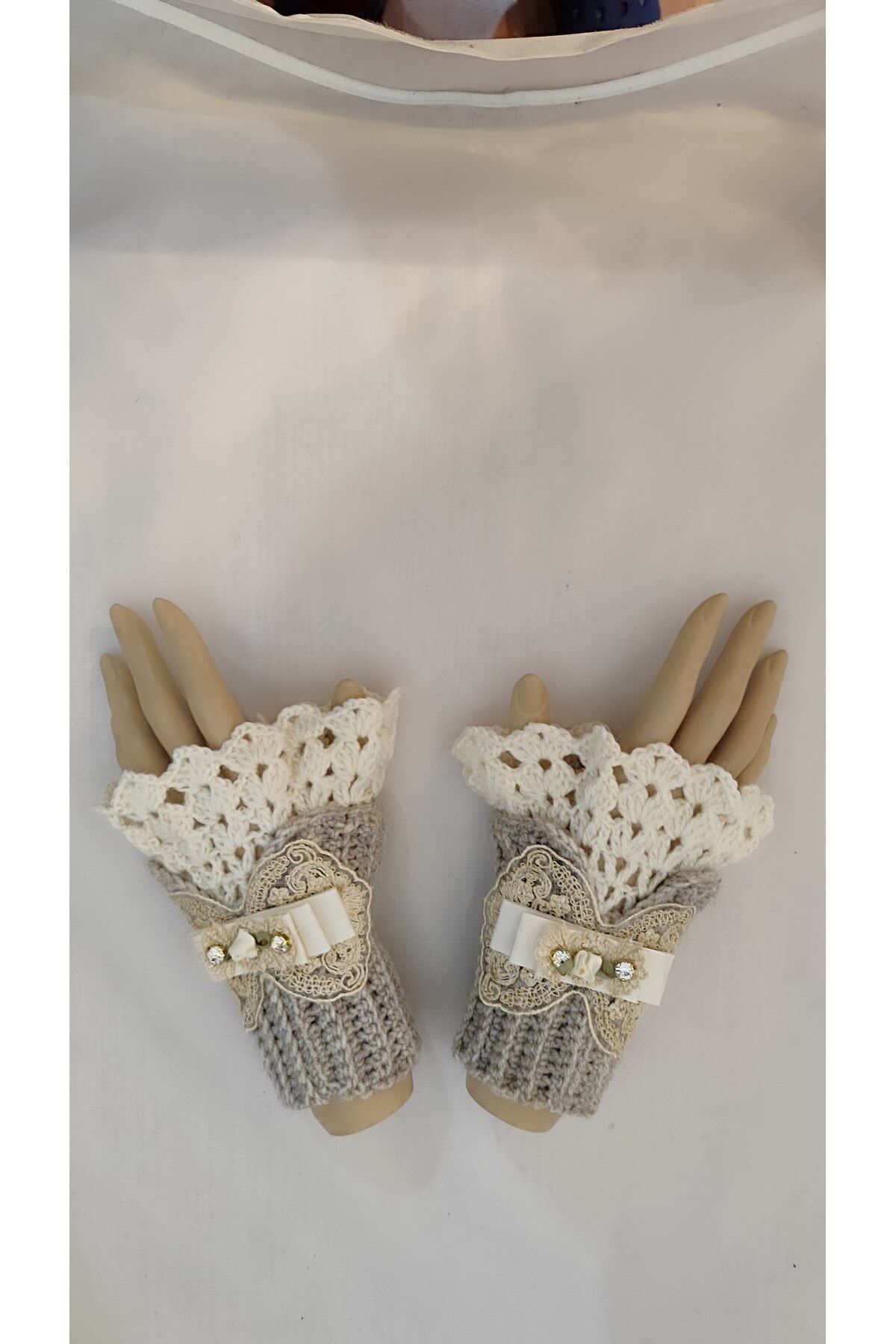 drt tasarım-Gray Victorian Style Lace Detailed Crochet Hand Knitted - Fingerless Gloves 2