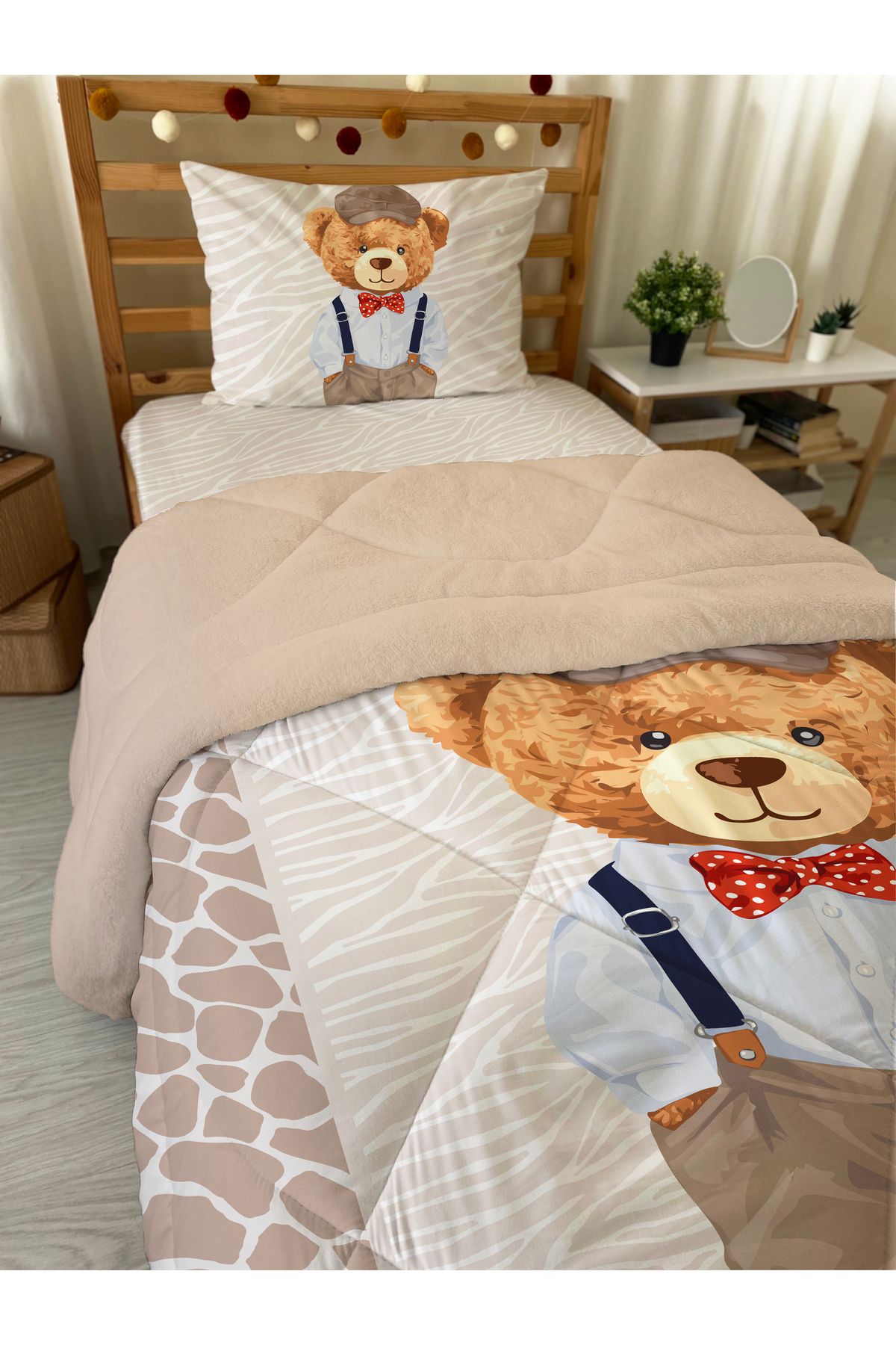 Evmila-Teddy Bear Patterned Single Plush Quilt-Sleeping Set 160X220 cm 2