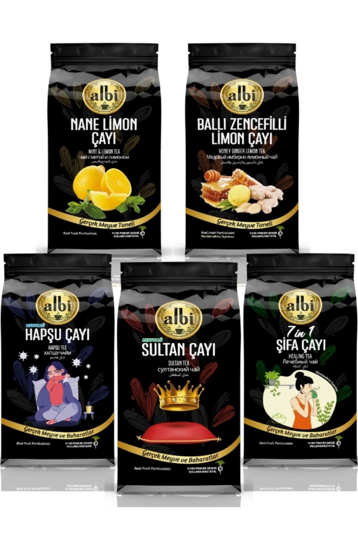 ALBİ GURME ŞİFALI ZÜMRÜT SERİSİ 5^li 250 gr Meyve Taneli Çay Seti