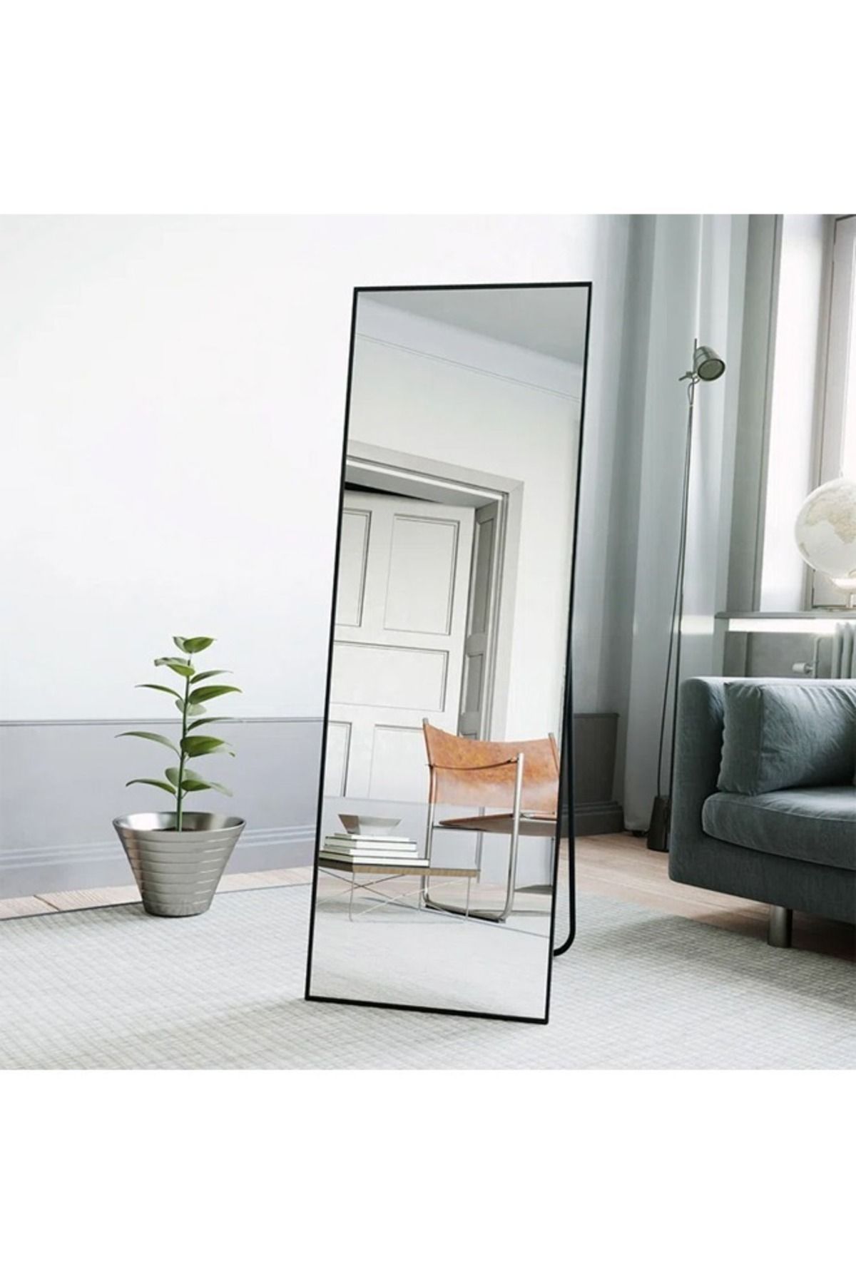 Taimi-مرآة كبيرة بتصميم أنيق 155×45 سم - مرآة كاملة الطول بإطار معدني أسود وحامل خلفي 2