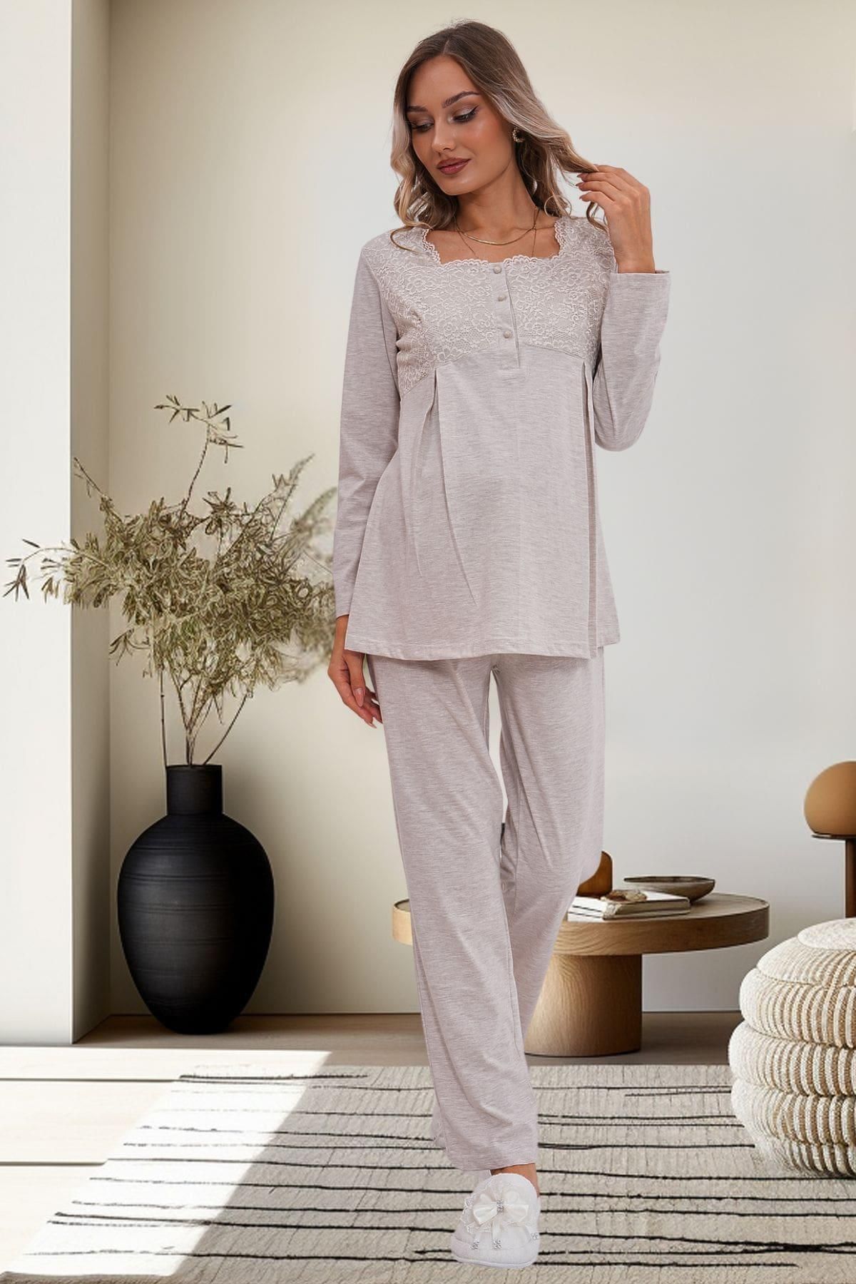 Mecit Pijama-طقم بيجامة بأكمام طويلة ومفصلة للحوامل والحوامل - 75% قطن 25% فيسكوز 4