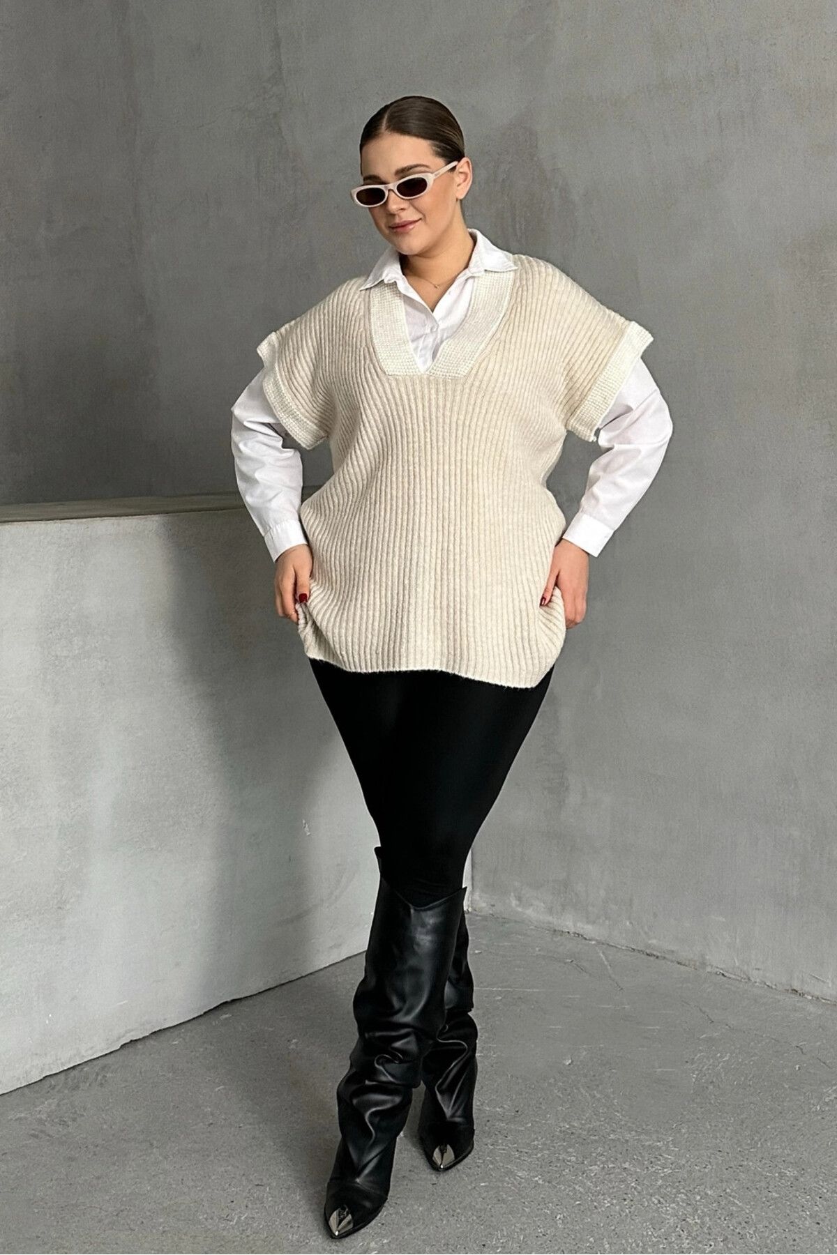 Stil Diva-Plus Size V-Neck Short Sleeve Knitwear Sweater 302137 6