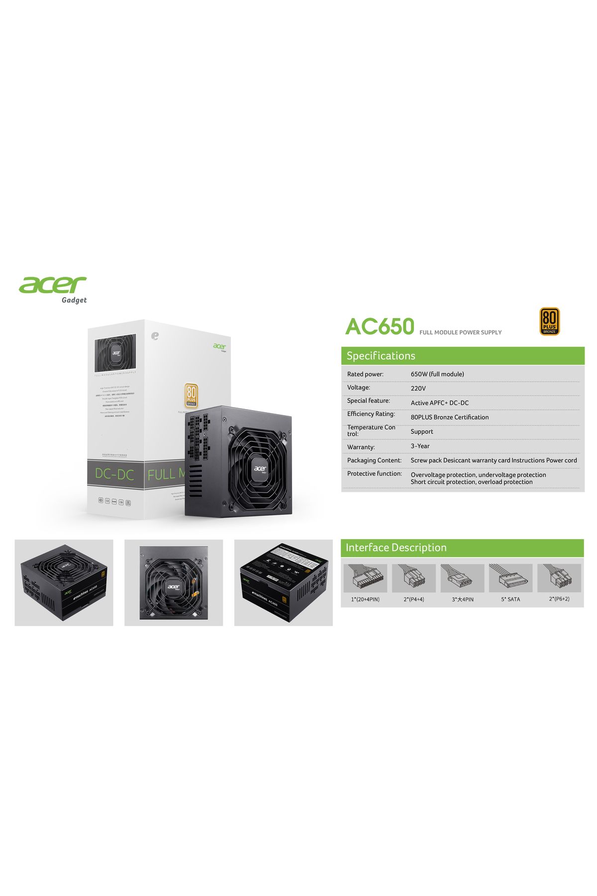 ACER-650W (AC650) Bronze PSU, 80 Plus,Fully Modular Efficient, low-noise power supply,modular cables 5