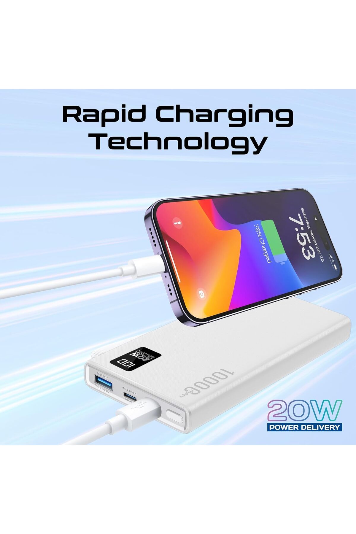 Promate-Power Bank 10000mAh Ultra-Slim with 20W USB-C Input/Output Port, QC 3.0 Output, USB-C Ports, 7