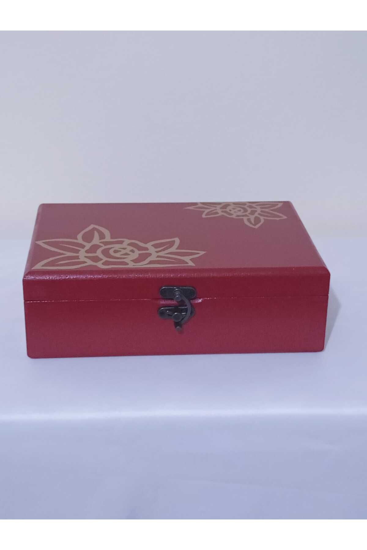 DEKORANLA Bordo Ahşap Dekoratif Takı Ve Aksesuar Kutusu 15x22x7 Cm