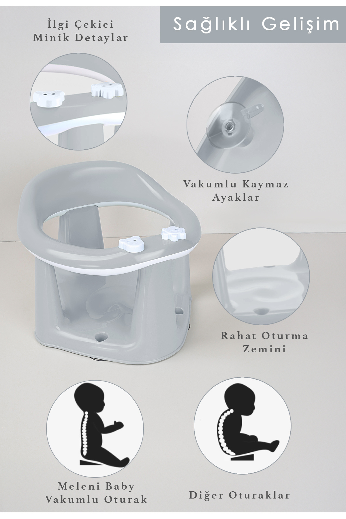 Meleni Baby 3'lü Set - Vakumlu Bebek Yıkama Aparatı, Vakumlu Destekli Banyo Oturağı, Banyo Oturak Minderi Gri fotoğrafı 4 (önizleme)