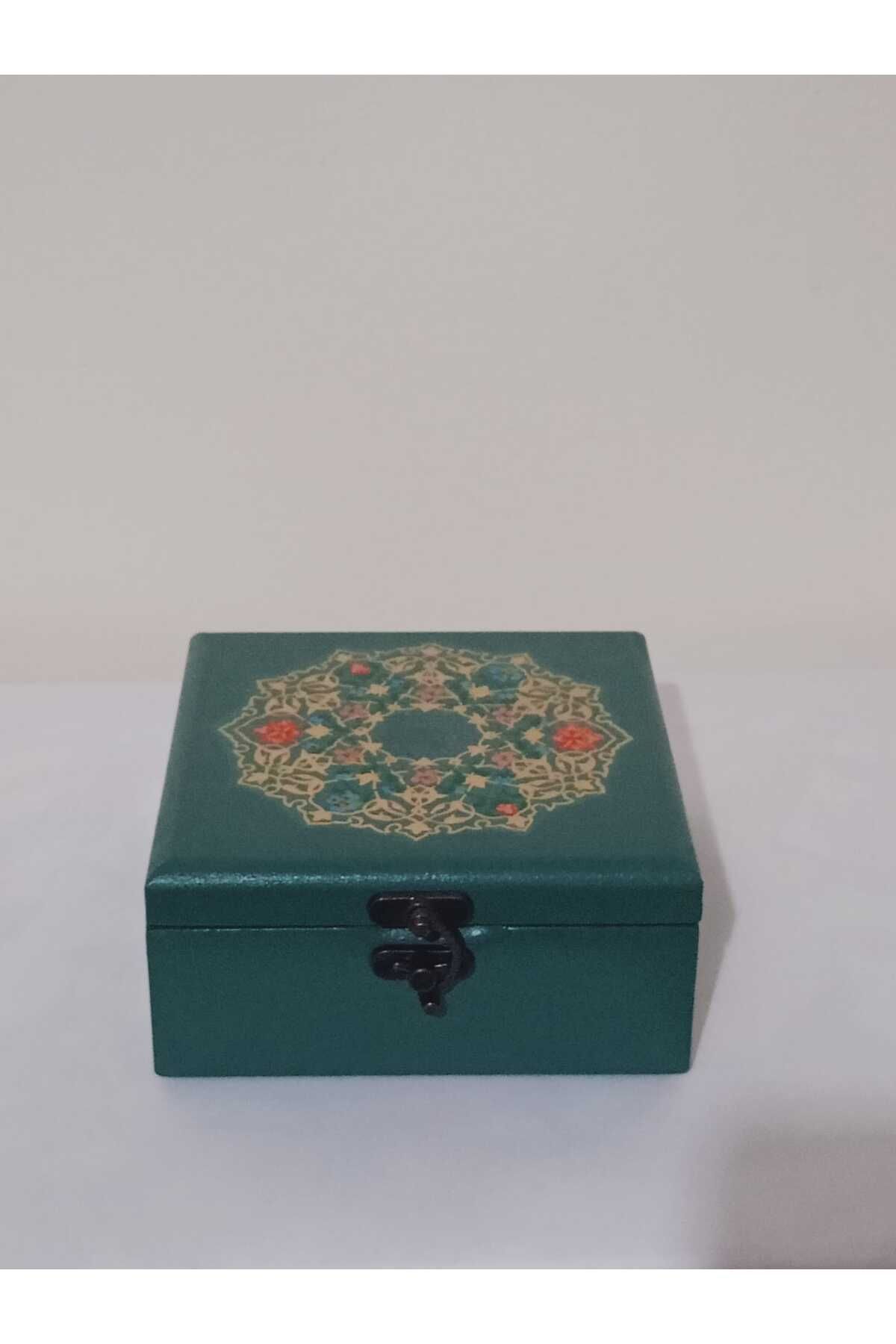 DEKORANLA Yeşil Ahşap Dekoratif Takı ve Aksesuar Kutusu 14,5x14,5x7 cm