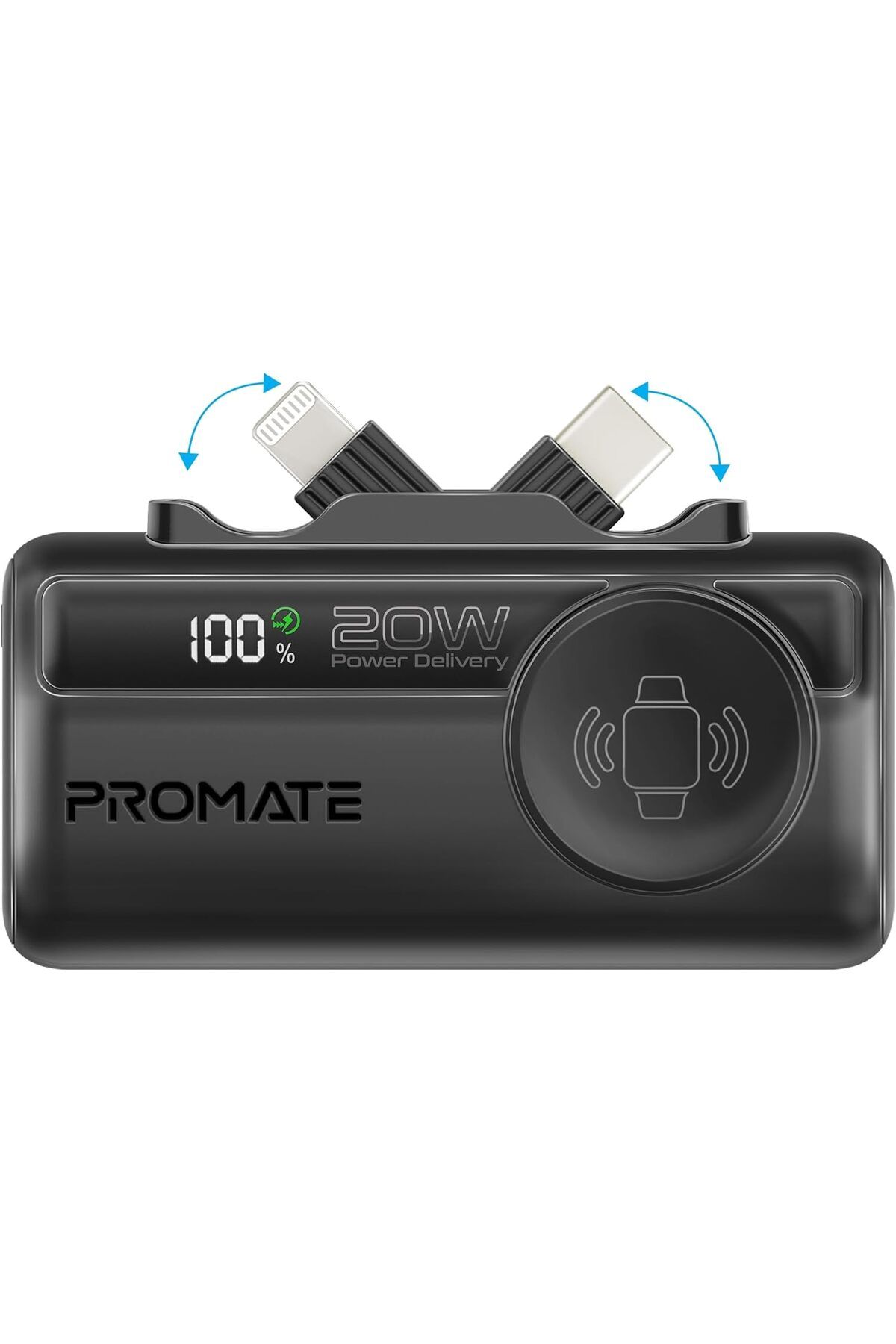 Promate-بنك طاقة صغير 3 في 1، 5000 مللي أمبير/ساعة مع موصل USB-C™ داخلي/خارجي قابل للطي بقوة 20 وات، ومنفذ Lightning F بقوة 12 وات 1