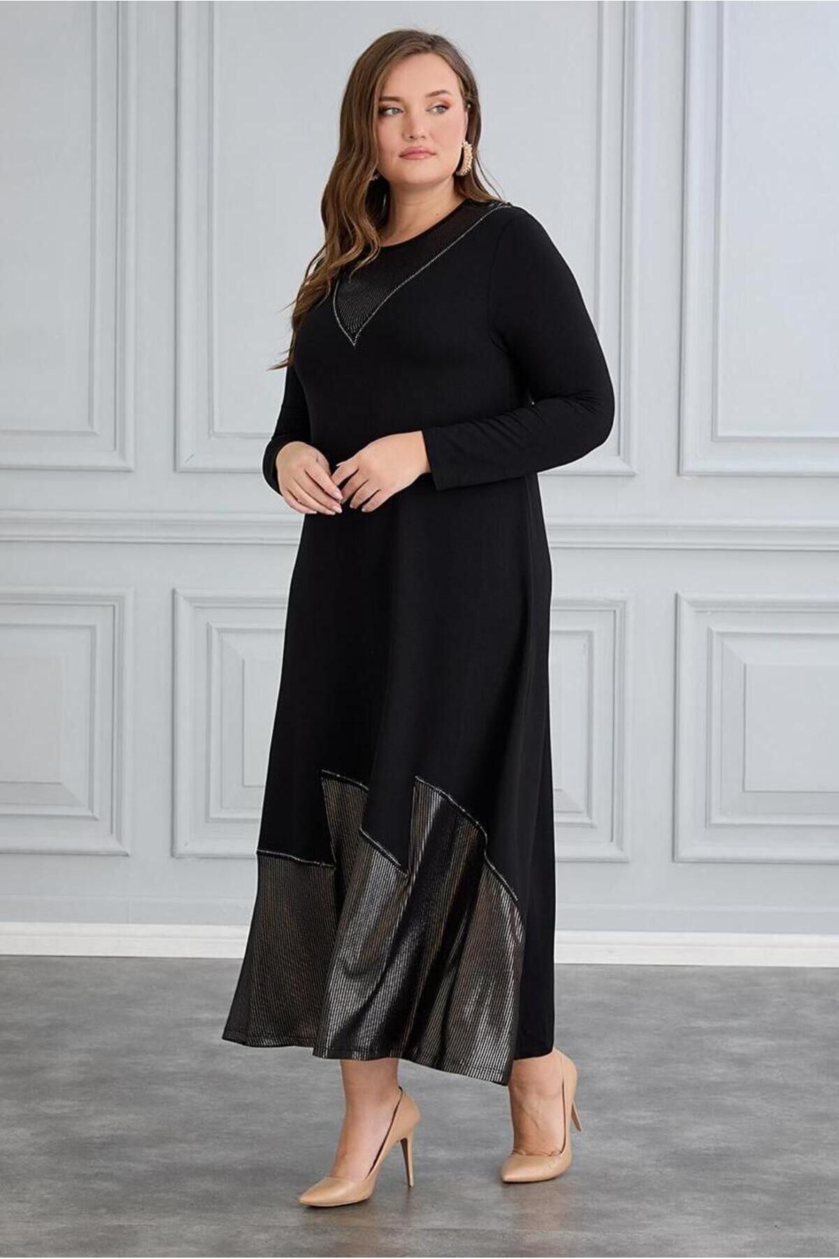 FOR ESRA BIG TREND-Women's Plus Size Neckline Hemline Metalic Block Long Sleeve Stretchy Viscose Maxi Dress 6