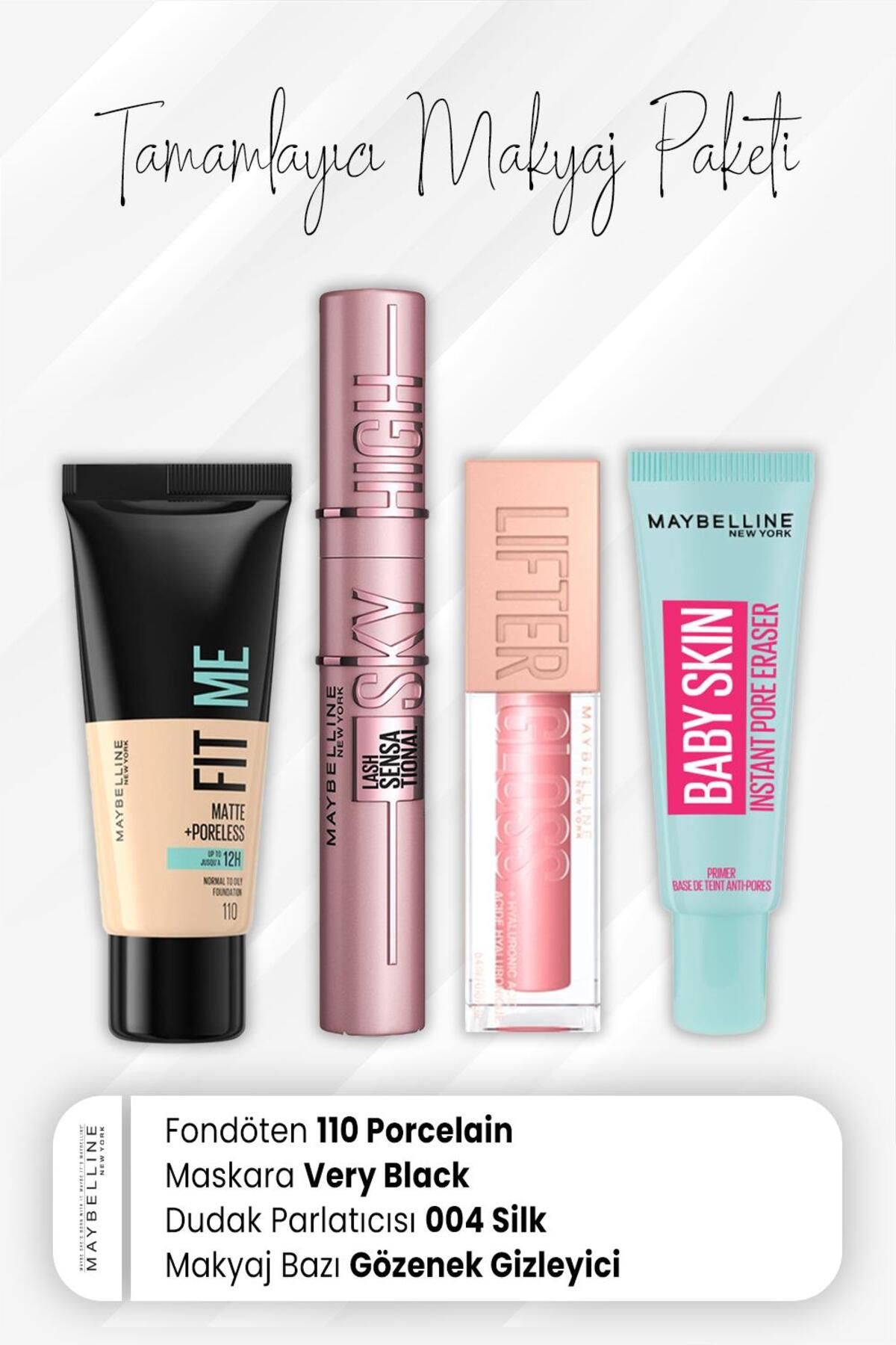 Maybelline New York Fit Me Fondöten 110, Sky High Maskara Very Black, Dudak Parlatıcı 004 Silk ve Ma