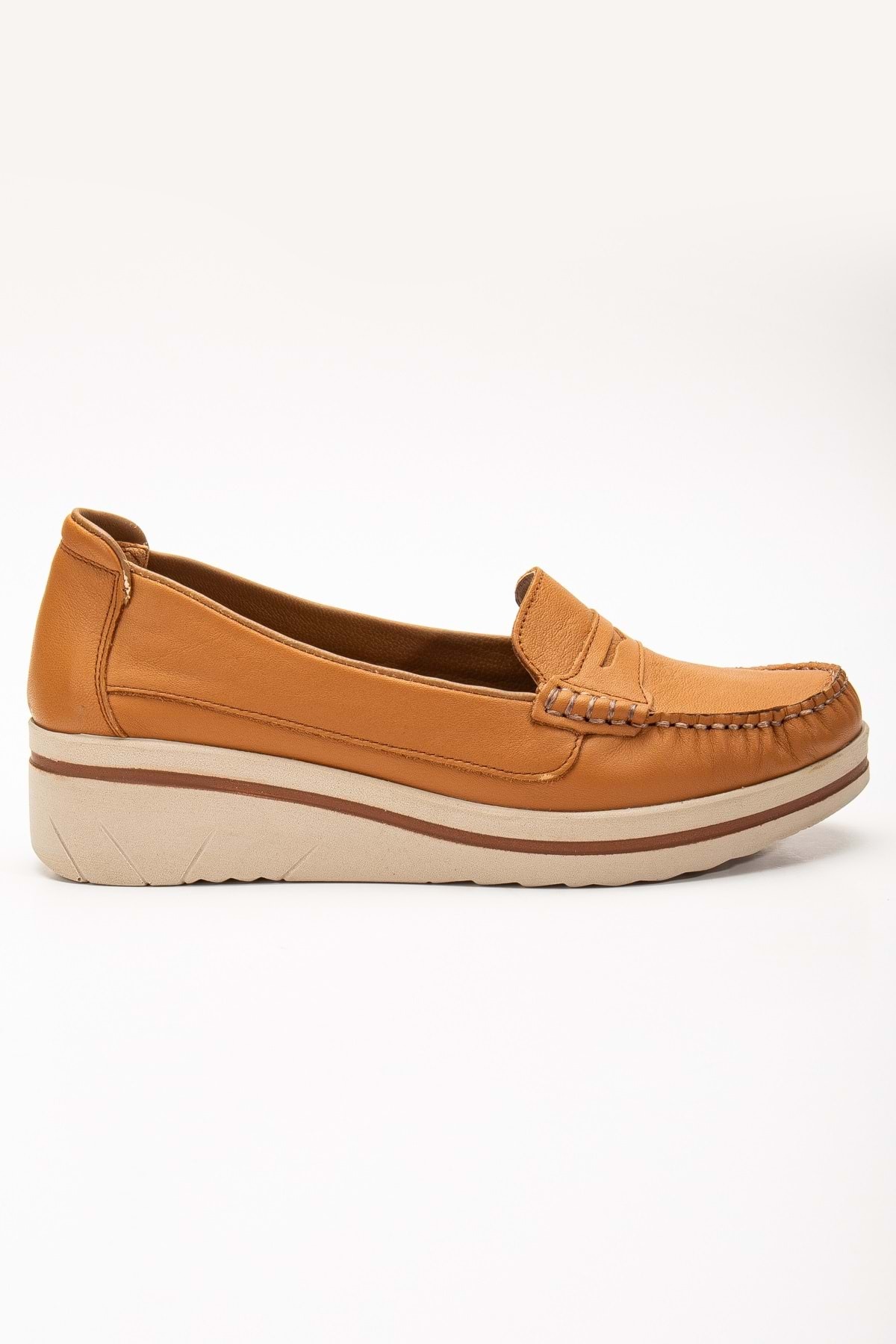 ANALİN SHOES Kadın Hakiki Deri Saraçlı Rahat Dolgu Topuk Loafer Ayakkabı Taba görsel 2