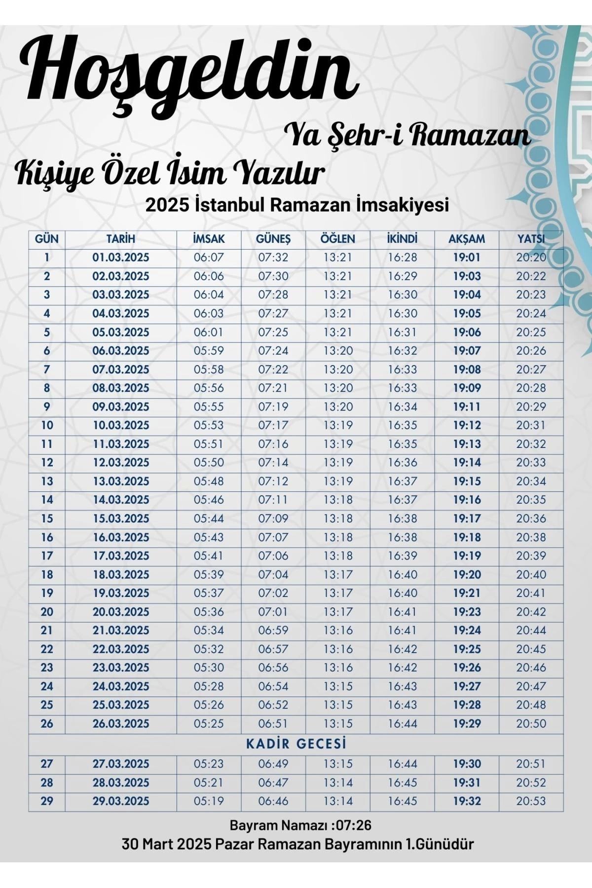 P Parla Ramazan İmsakiyesi Modern Kişiye Özel Tasarımlı Dijital Baskı 100 Adet A4 300 gr Model 22