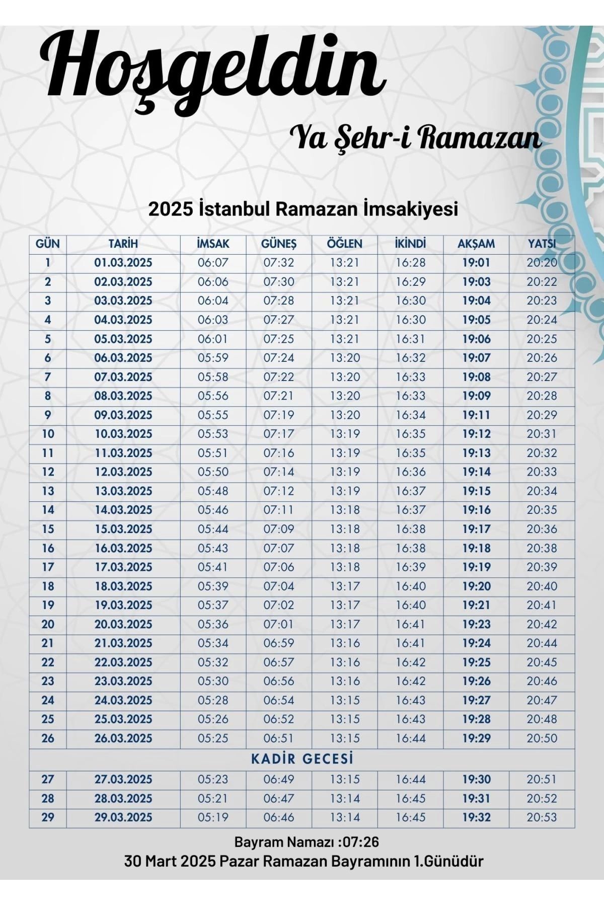 P Parla Ramazan İmsakiyesi Modern Kişiye Özel Tasarımlı Dijital Baskı 2 Adet A4 300 gr Model 21