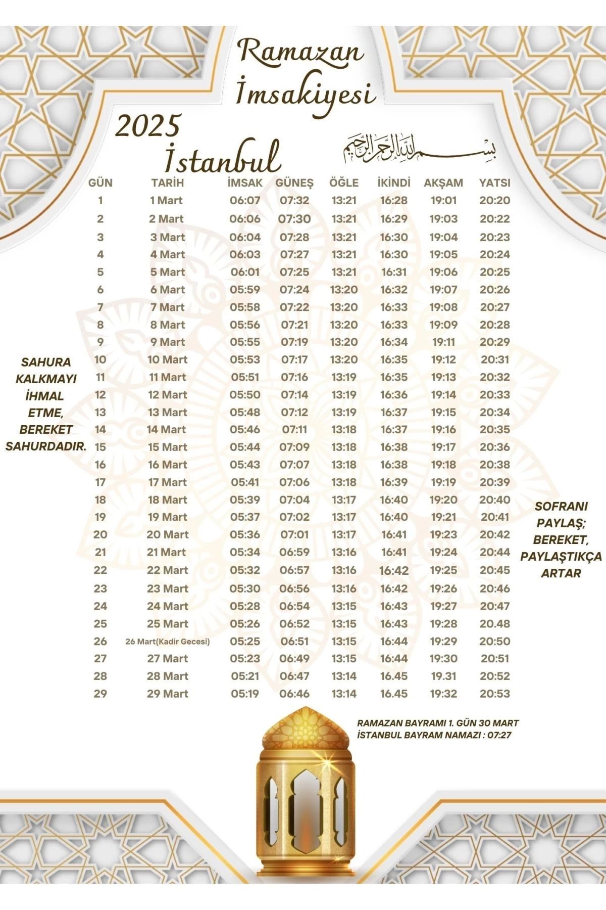 P Parla Ramazan İmsakiyesi Modern Kişiye Özel Tasarımlı Dijital Baskı 100 Adet A4 300 gr Model 50