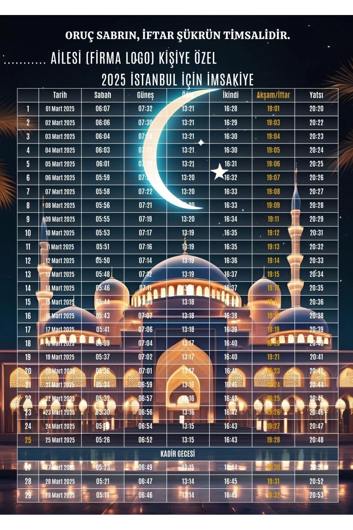 P Parla Ramazan İmsakiyesi Modern Kişiye Özel Tasarımlı Dijital Baskı 10 Adet A4 300 gr Model 8