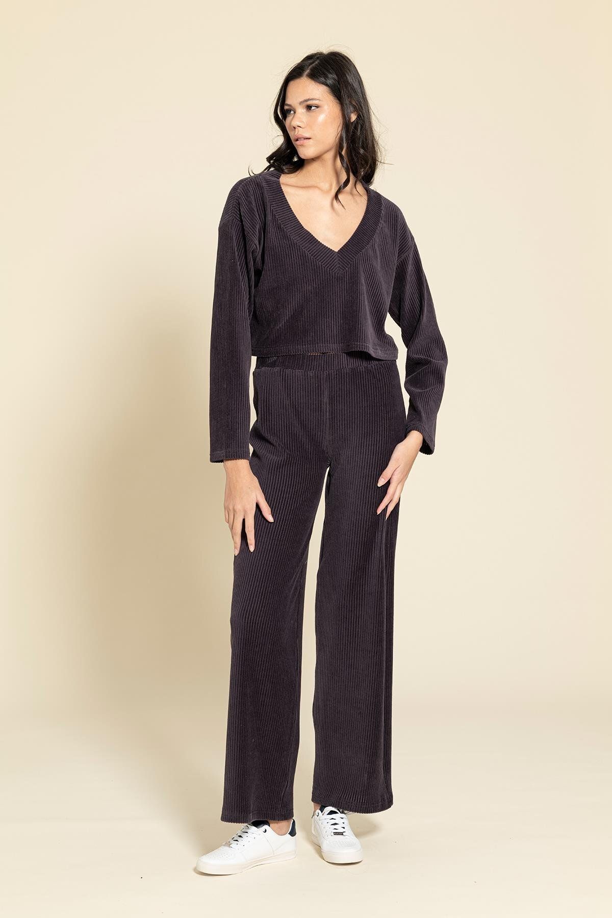 FOR YOU MODA Kadife Kumaş V Yaka Crop Antrasit Jogger Takım