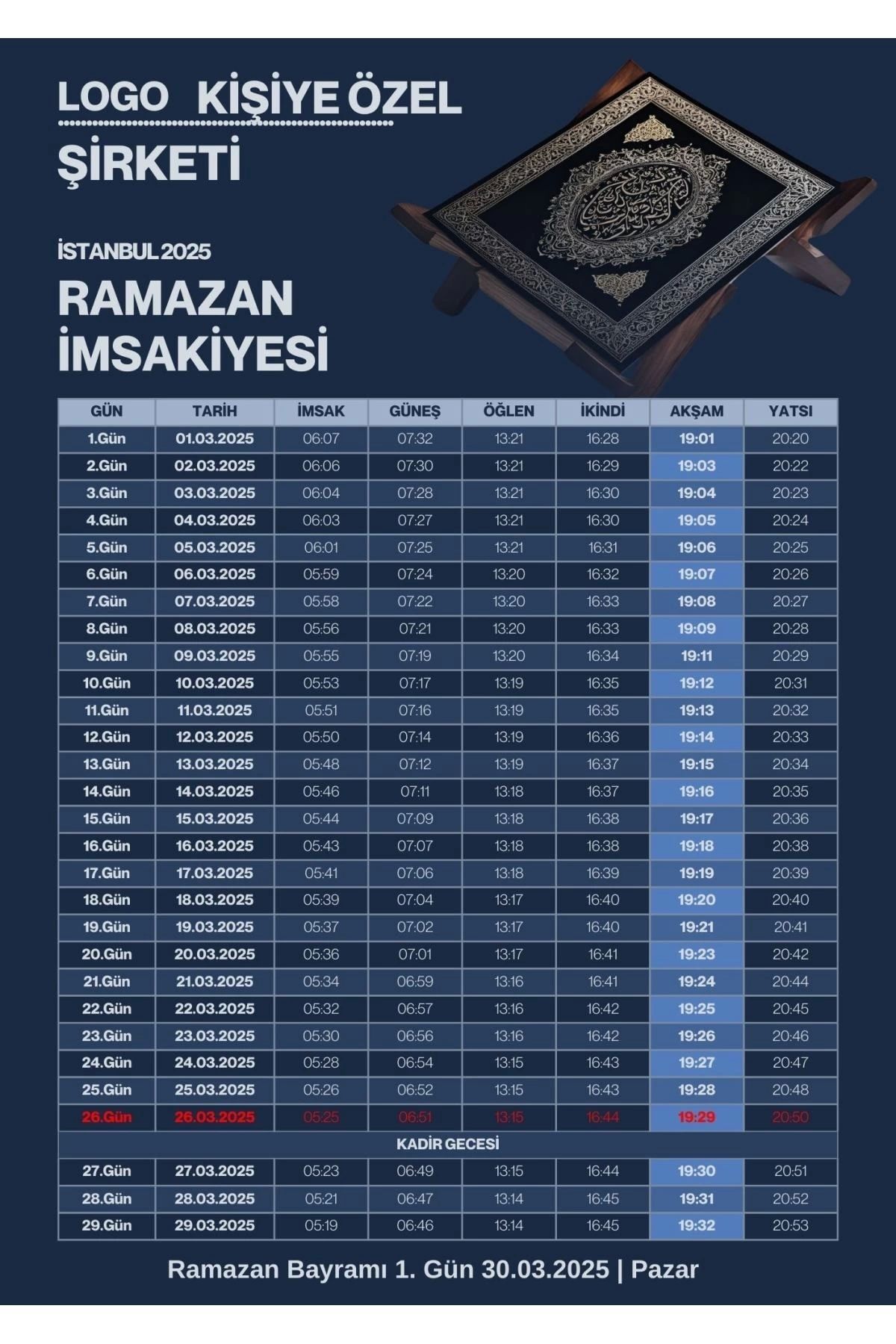 P Parla Ramazan İmsakiyesi Modern Kişiye Özel Tasarımlı Dijital Baskı 2 Adet A4 300 gr Model 30