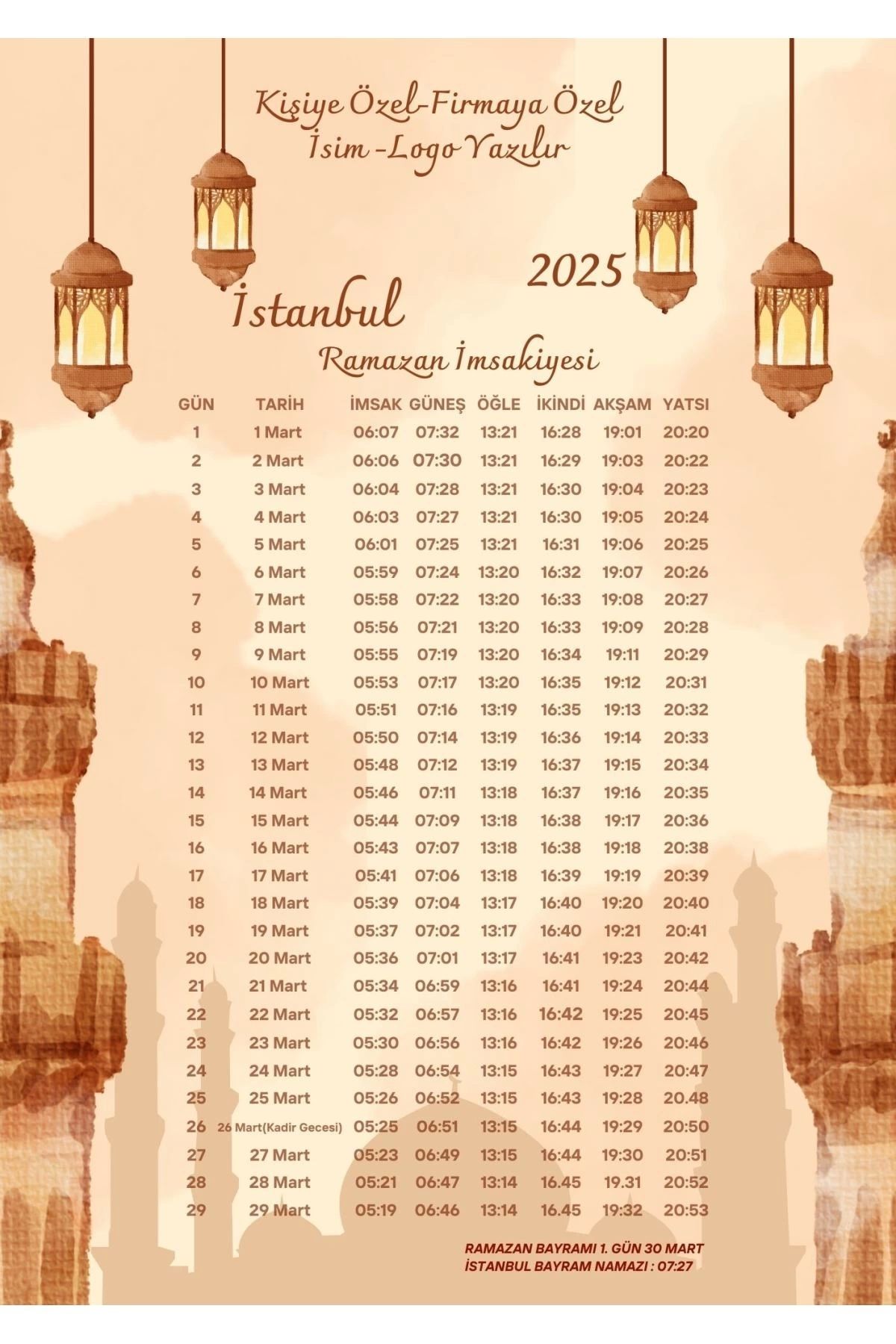 P Parla Ramazan İmsakiyesi Modern Kişiye Özel Tasarımlı Dijital Baskı 50 Adet A4 300 gr Model 45