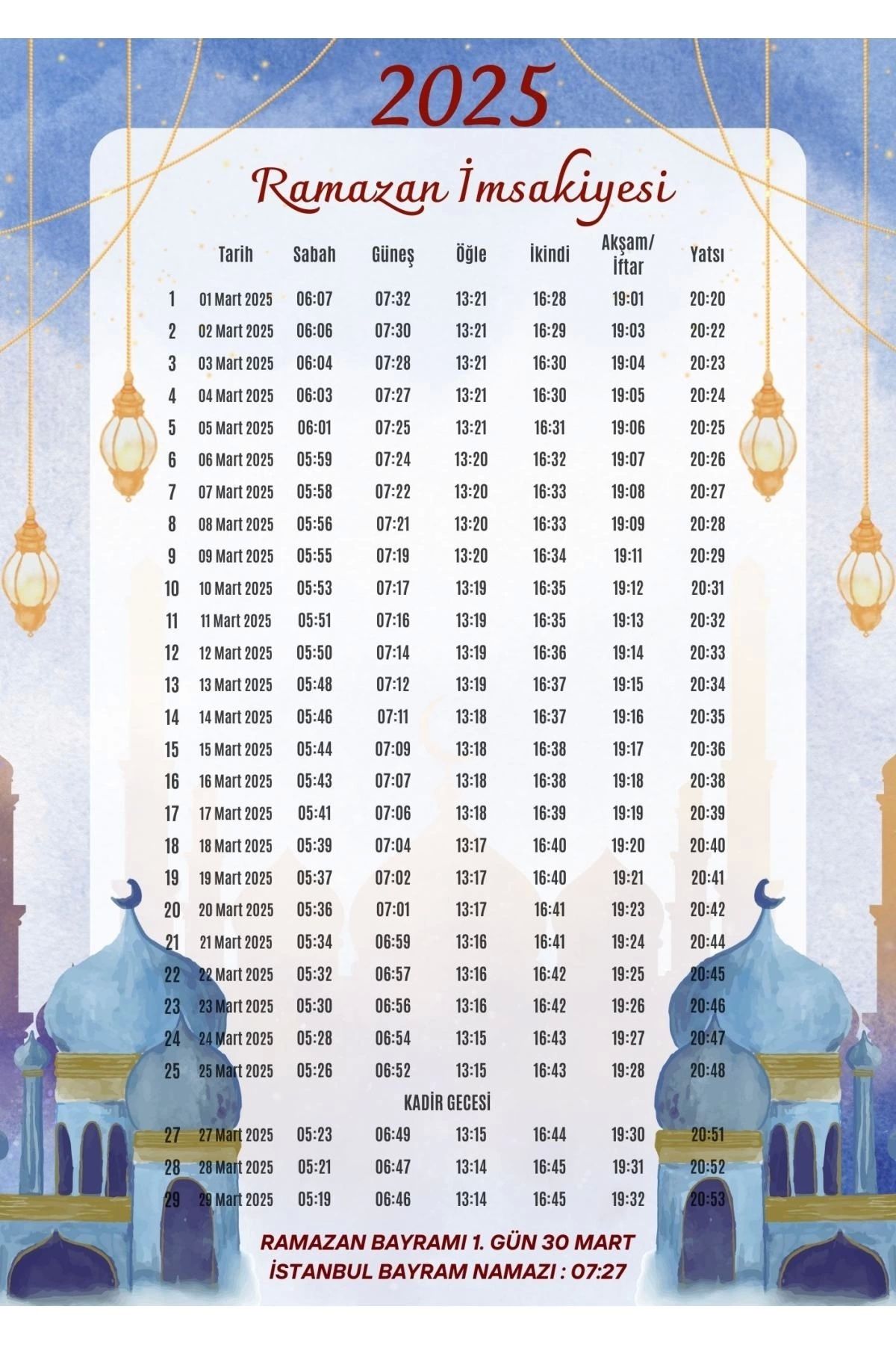 P Parla Ramazan İmsakiyesi Modern Kişiye Özel Tasarımlı Dijital Baskı 50 Adet A4 300 gr Model 38