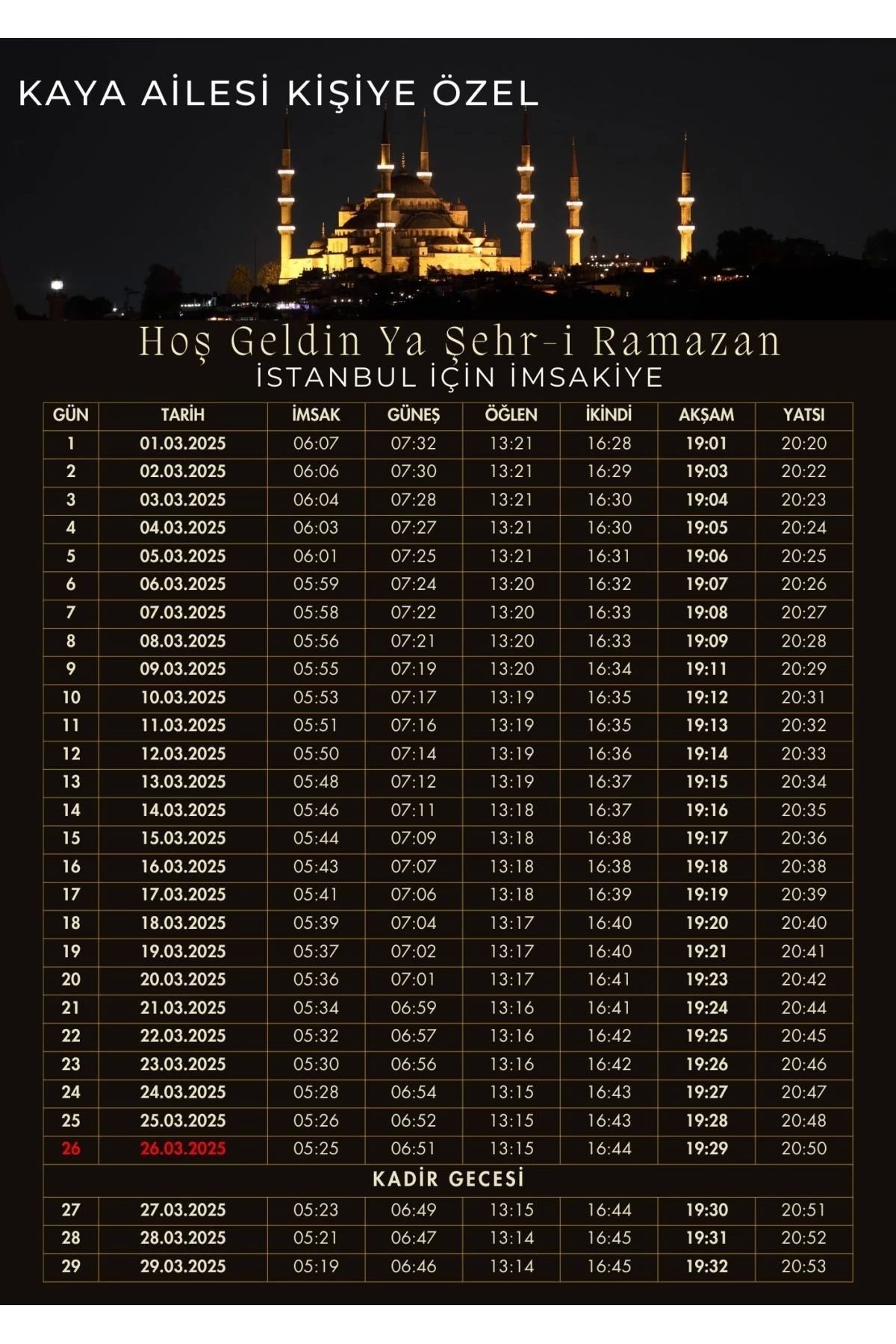 P Parla Ramazan İmsakiyesi Modern Kişiye Özel Tasarımlı Dijital Baskı 100 Adet A4 300 gr Model 28