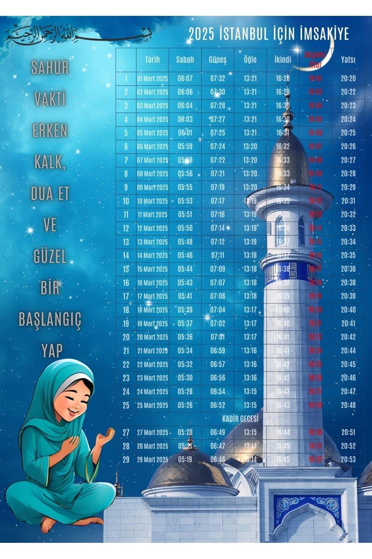P Parla Ramazan İmsakiyesi Modern Kişiye Özel Tasarımlı Dijital Baskı 100 Adet A4 300 gr Model 3