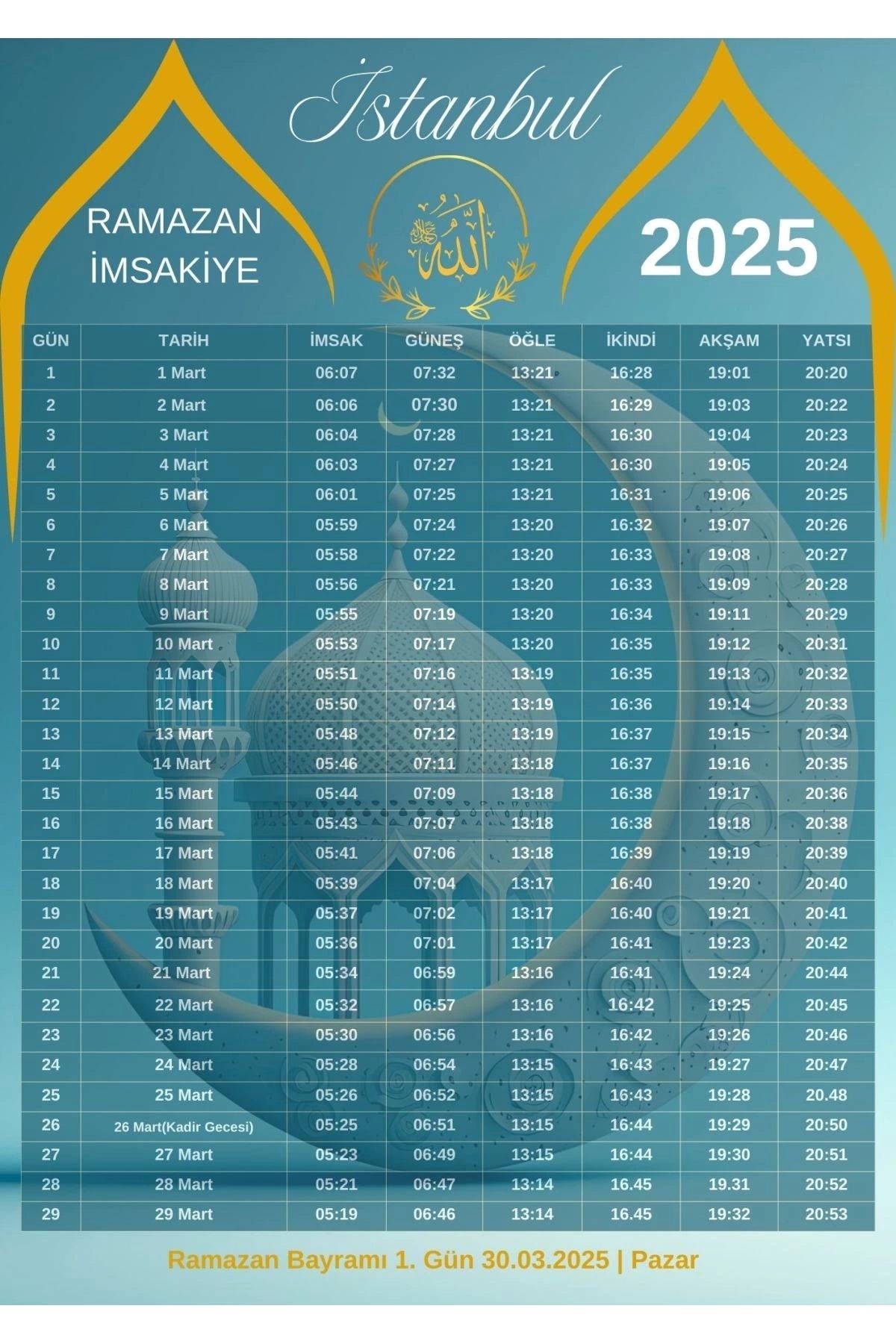 P Parla Ramazan İmsakiyesi Modern Kişiye Özel Tasarımlı Dijital Baskı 50 Adet A4 300 gr Model 33