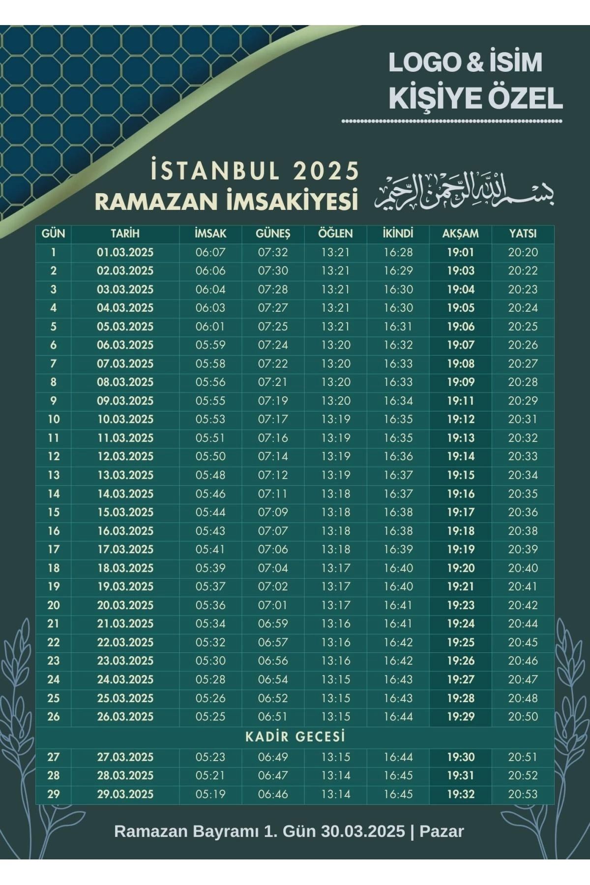 P Parla Ramazan İmsakiyesi Modern Kişiye Özel Tasarımlı Dijital Baskı 1000 Adet A4 300 gr Model 29