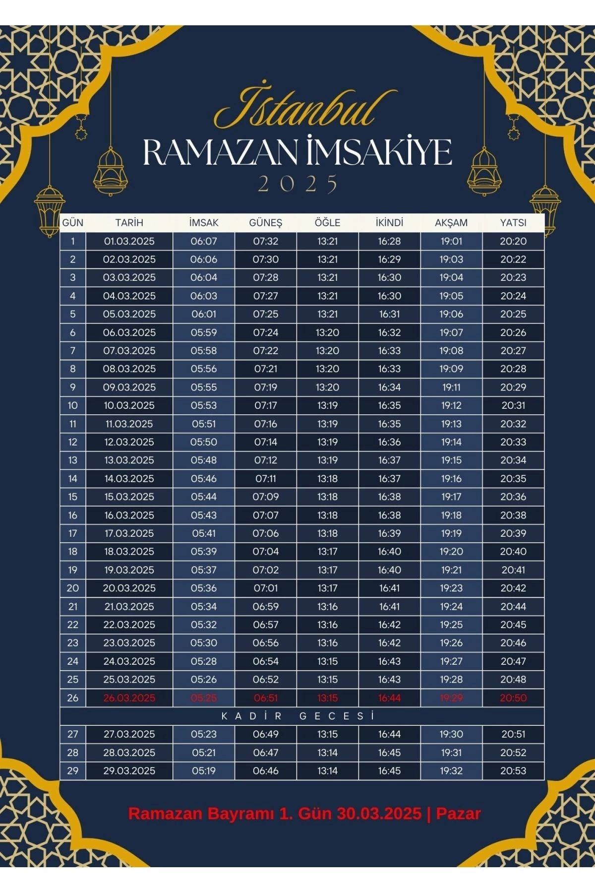 P Parla Ramazan İmsakiyesi Modern Kişiye Özel Tasarımlı Dijital Baskı 1000 Adet A4 300 gr Model 26