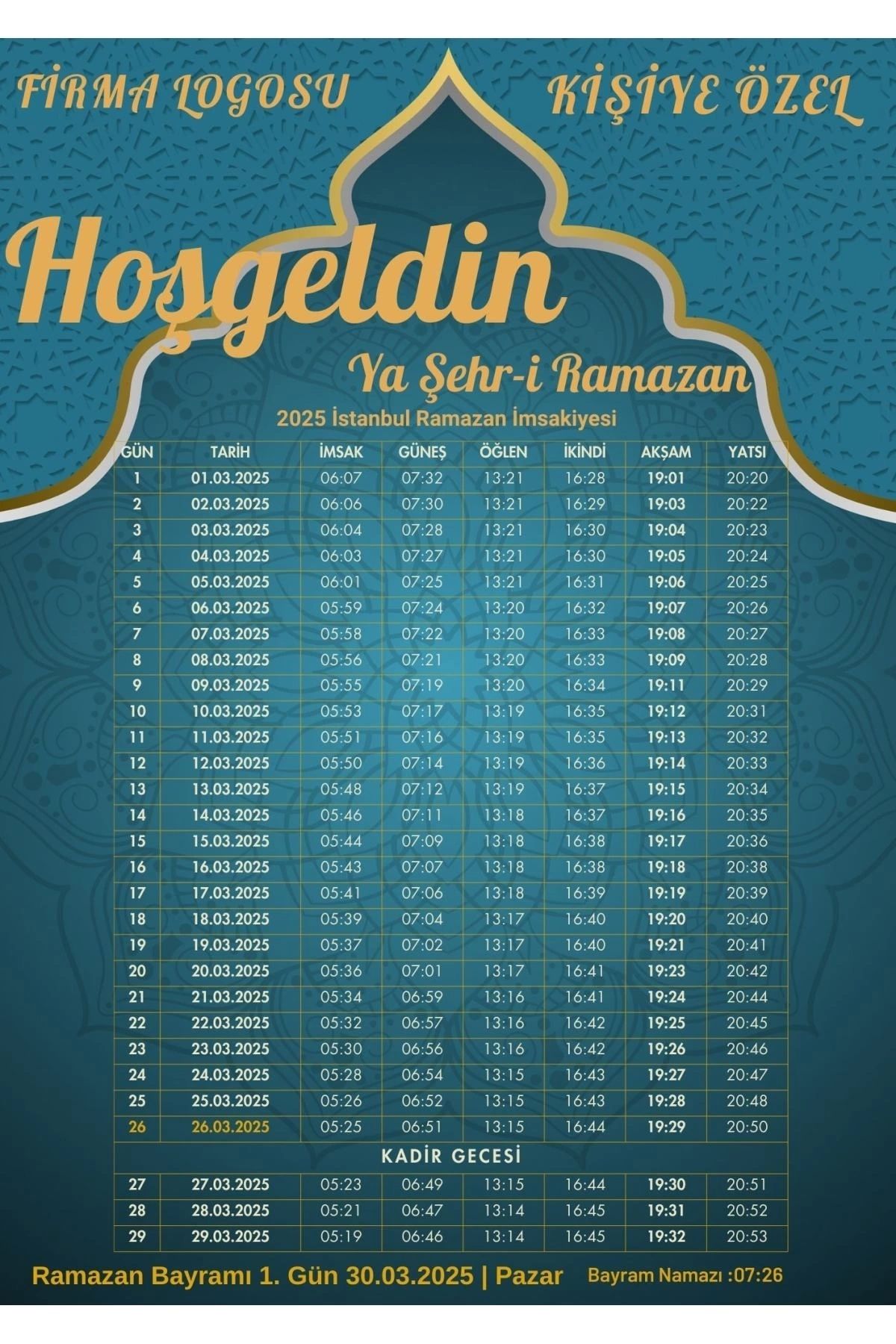 P Parla Ramazan İmsakiyesi Modern Kişiye Özel Tasarımlı Dijital Baskı 1000 Adet A4 300 gr Model 25