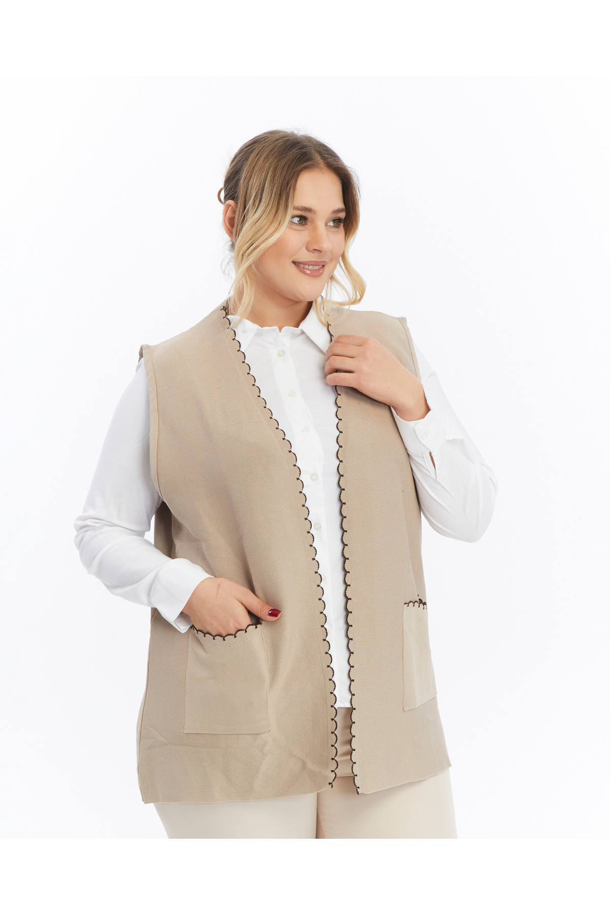 Elvin-Knitwear Women's Plus Size Beige Non-Pilling Steel Mesh Mother Vest 6